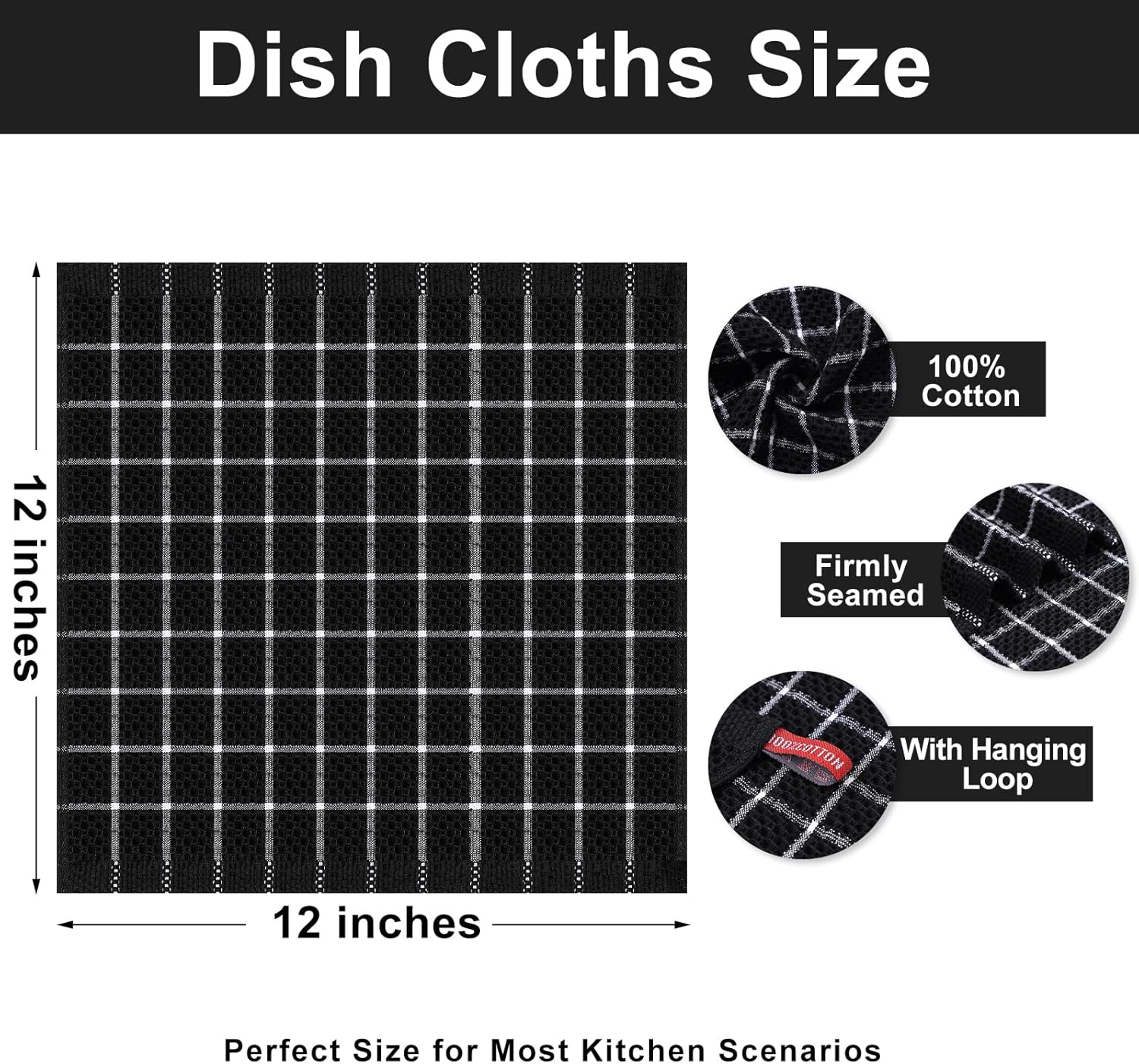 Homaxy 100% Cotton Dish Cloths, 6 Pack-12 X 12 Inches, Check Design Waffle Weave Dish Rags for Washing Dishes, Ultra Absorbent and Fast Drying Dishcloths, Black&White - Image 2