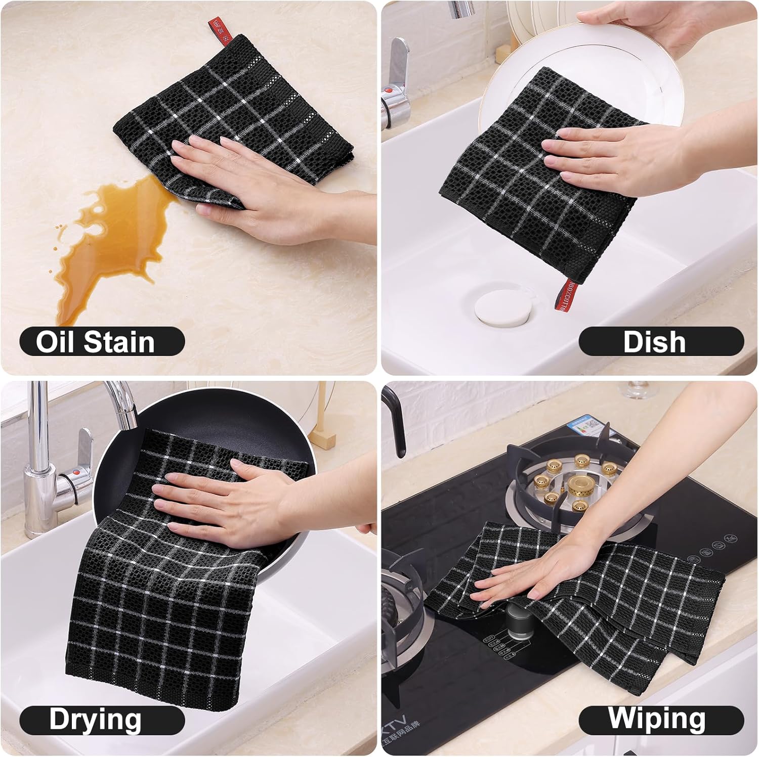 Homaxy 100% Cotton Dish Cloths, 6 Pack-12 X 12 Inches, Check Design Waffle Weave Dish Rags for Washing Dishes, Ultra Absorbent and Fast Drying Dishcloths, Black&White - Image 5