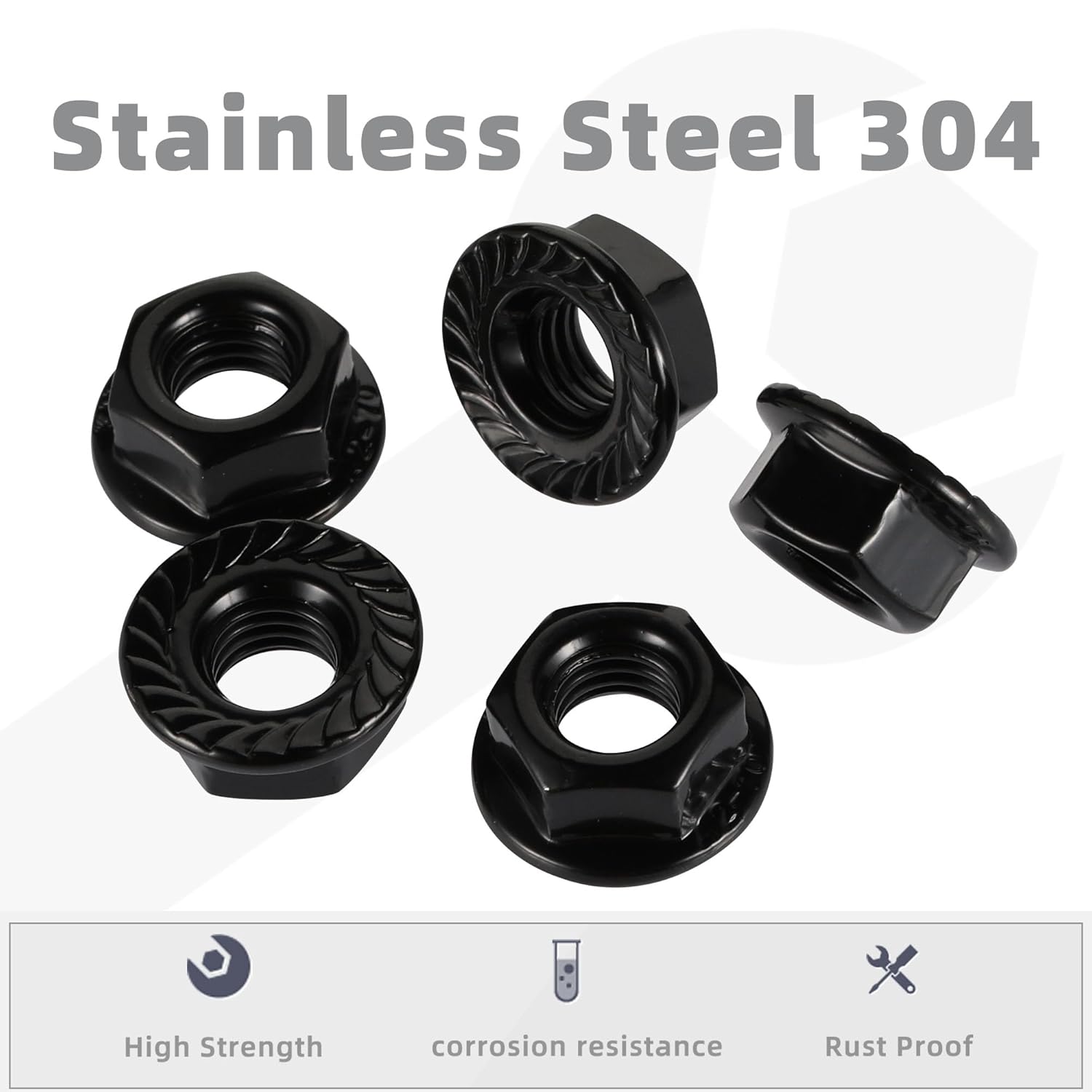 M10-1.5 Serrated Flange Hex Nuts Flanged Locknuts, 304 Stainless Steel 18-8, Black Finish, Pack of 25 - Image 3