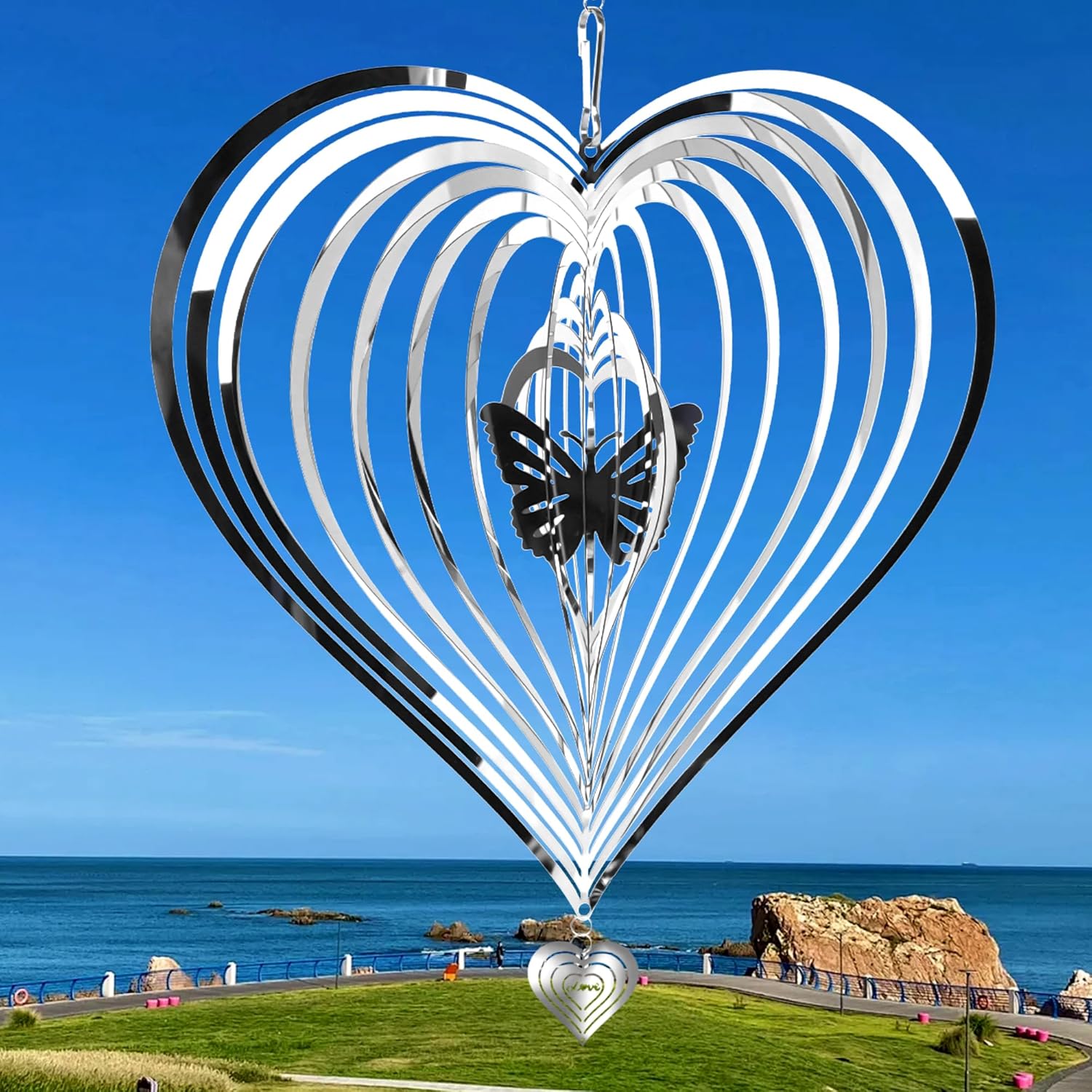 HOOSUN Metal Wind Spinners Outdoor for Yard and Garden Decor,Reflective Bird Deterrents for Outside Windows Patio Porch,Stainless Steel 3D Hanging Heart Butterfly Wind Spinners Gifts for Mom Women - Image 1