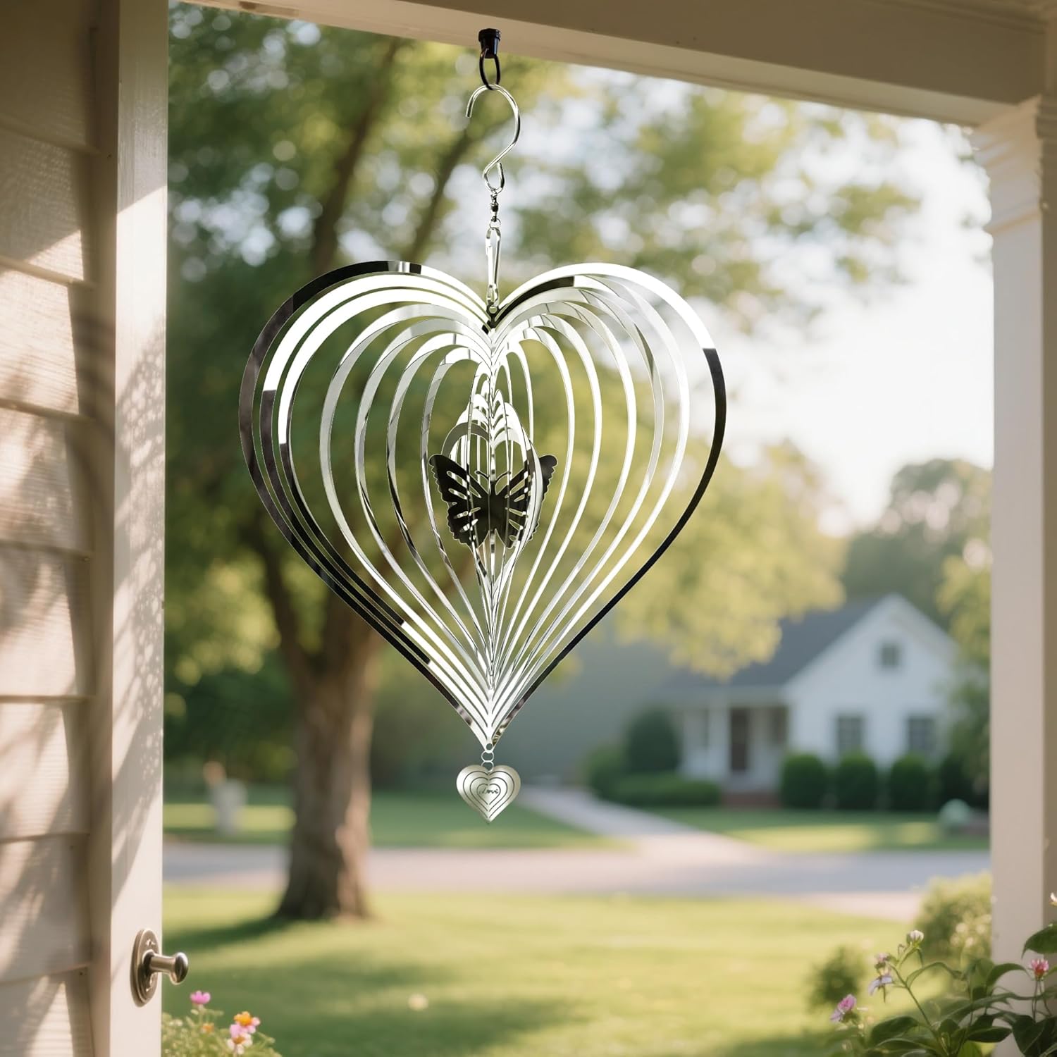 HOOSUN Metal Wind Spinners Outdoor for Yard and Garden Decor,Reflective Bird Deterrents for Outside Windows Patio Porch,Stainless Steel 3D Hanging Heart Butterfly Wind Spinners Gifts for Mom Women - Image 2
