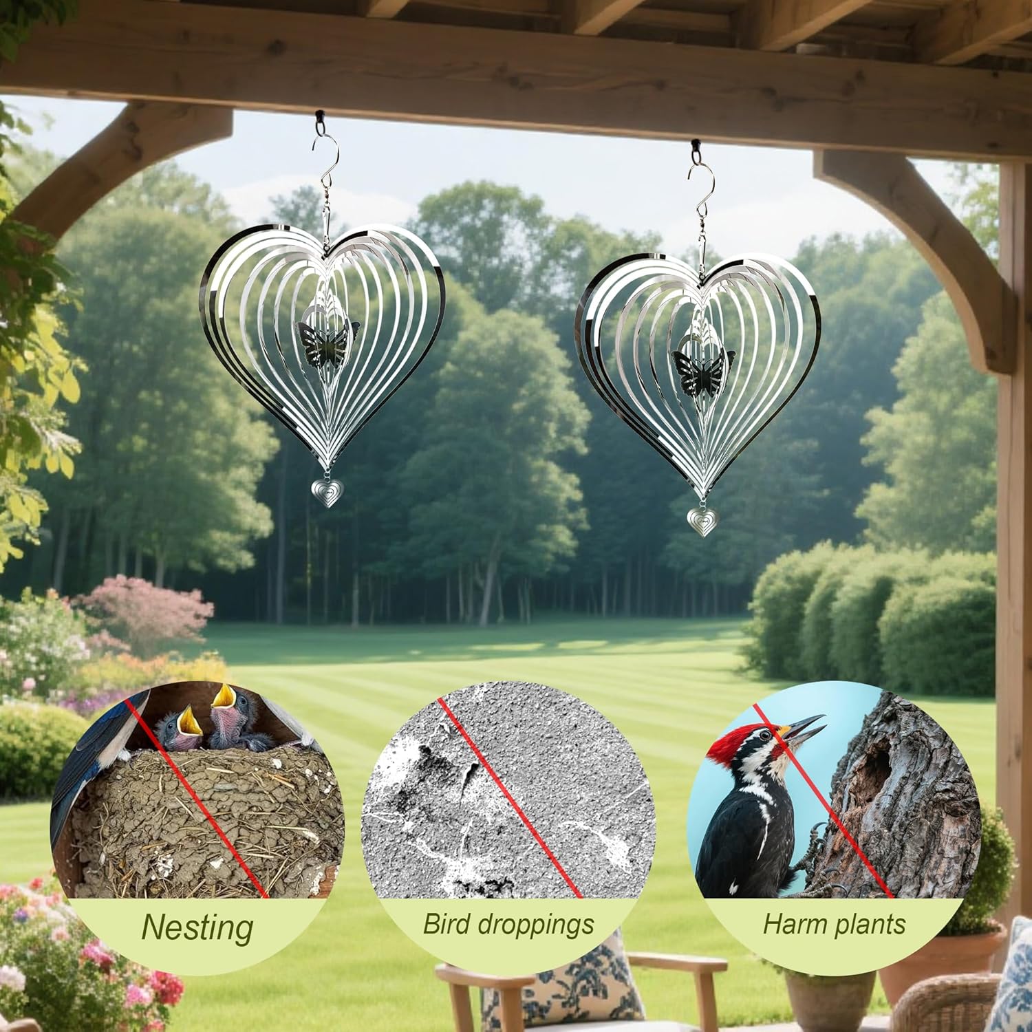 HOOSUN Metal Wind Spinners Outdoor for Yard and Garden Decor,Reflective Bird Deterrents for Outside Windows Patio Porch,Stainless Steel 3D Hanging Heart Butterfly Wind Spinners Gifts for Mom Women - Image 3