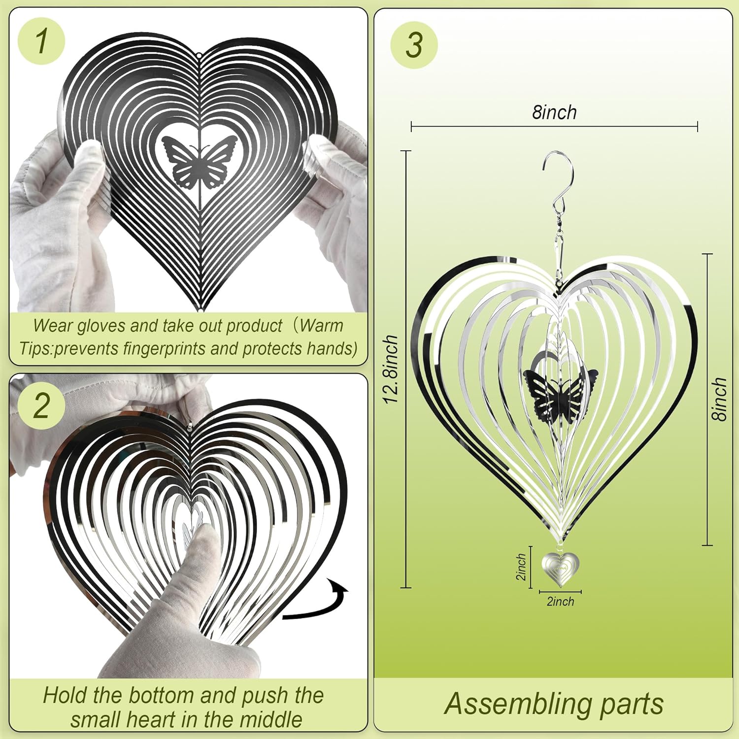 HOOSUN Metal Wind Spinners Outdoor for Yard and Garden Decor,Reflective Bird Deterrents for Outside Windows Patio Porch,Stainless Steel 3D Hanging Heart Butterfly Wind Spinners Gifts for Mom Women - Image 6