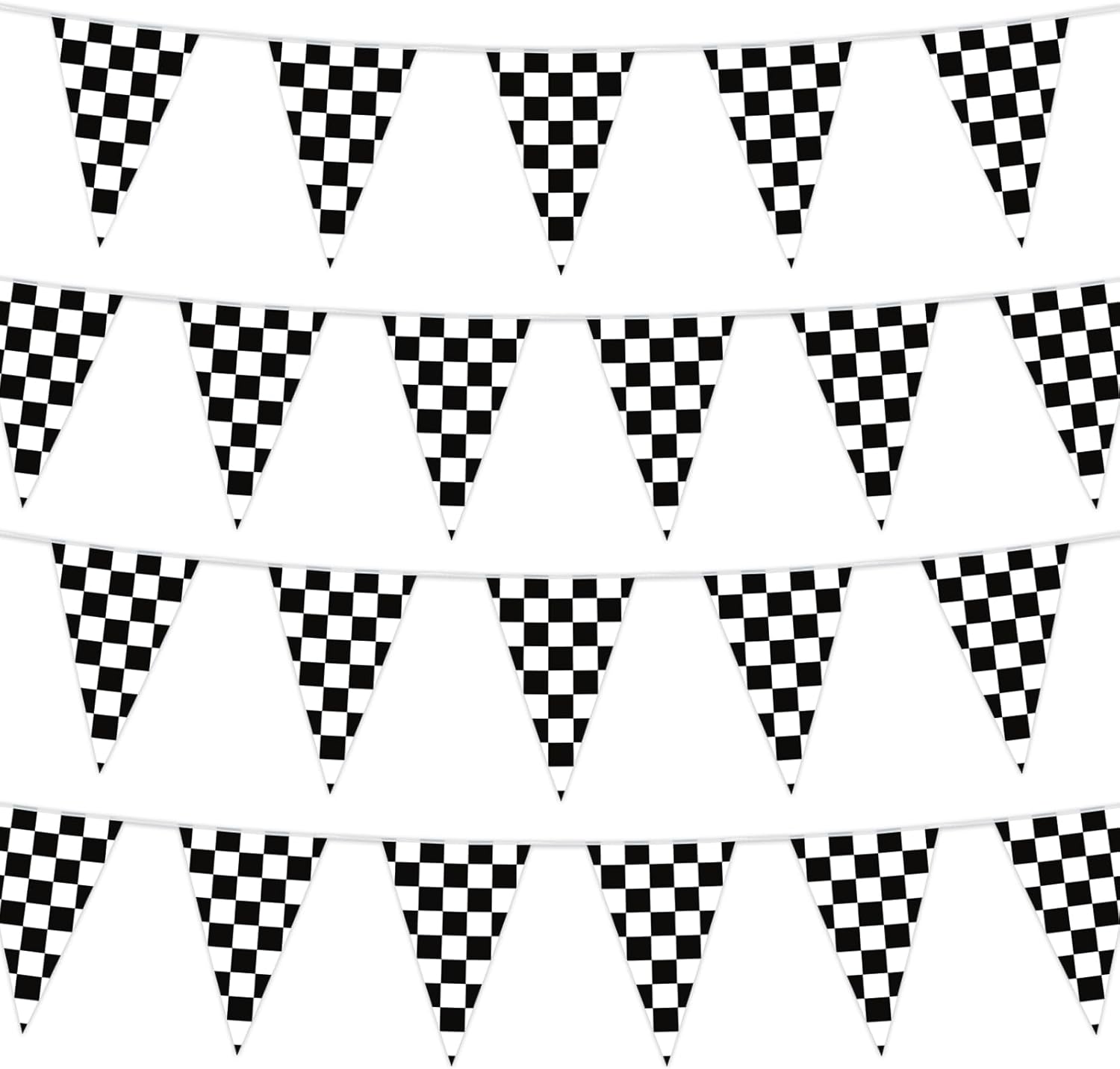 HOOSUN Checkered Flag Banner Race Cars Birthday Decorations,98 Ft 48 Pcs Checkered Flag Party Supplies,Racing Flags Decorations,Black and White Race Car Flag Pennant Banner for Nascar Cars Theme Party - Image 1
