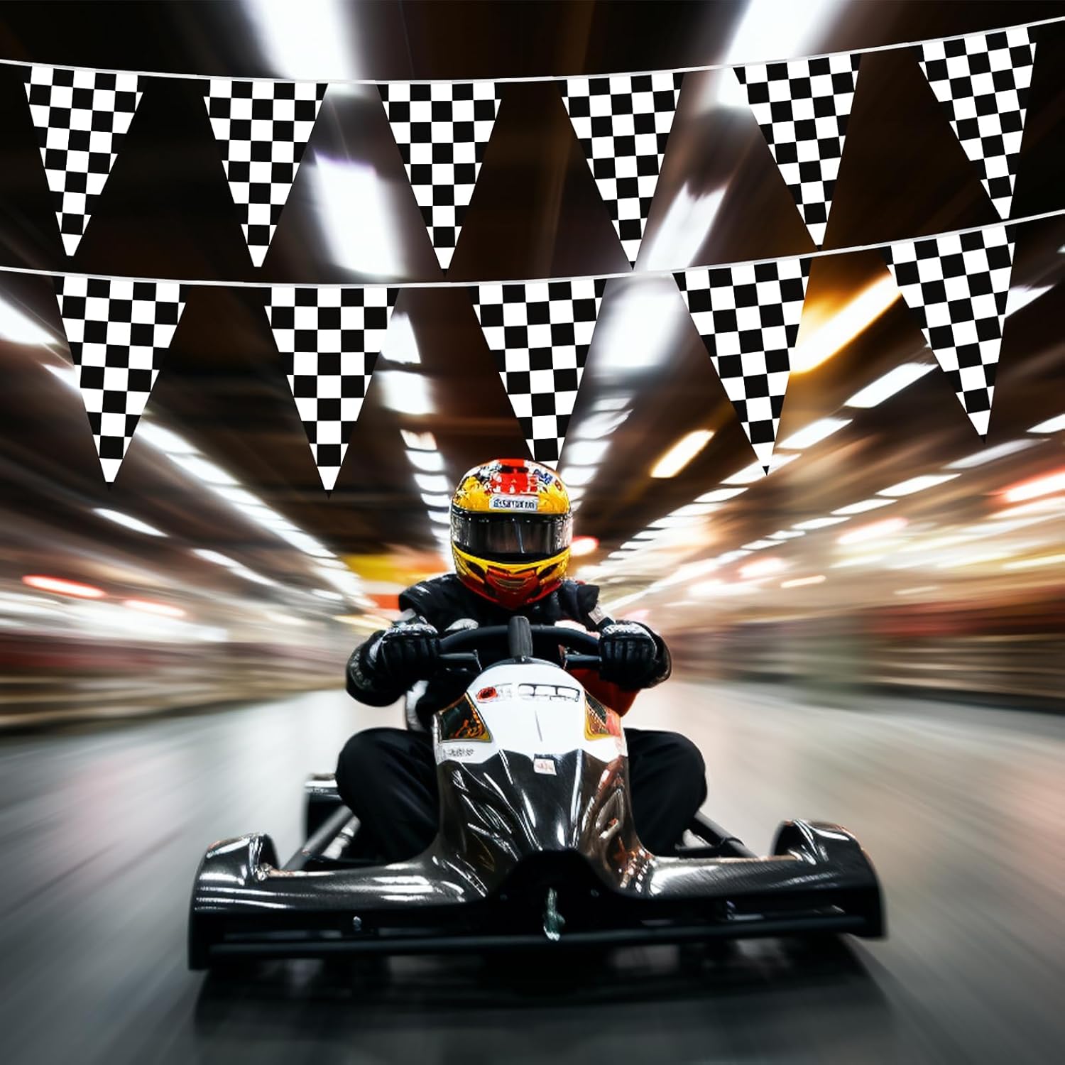 HOOSUN Checkered Flag Banner Race Cars Birthday Decorations,98 Ft 48 Pcs Checkered Flag Party Supplies,Racing Flags Decorations,Black and White Race Car Flag Pennant Banner for Nascar Cars Theme Party - Image 2