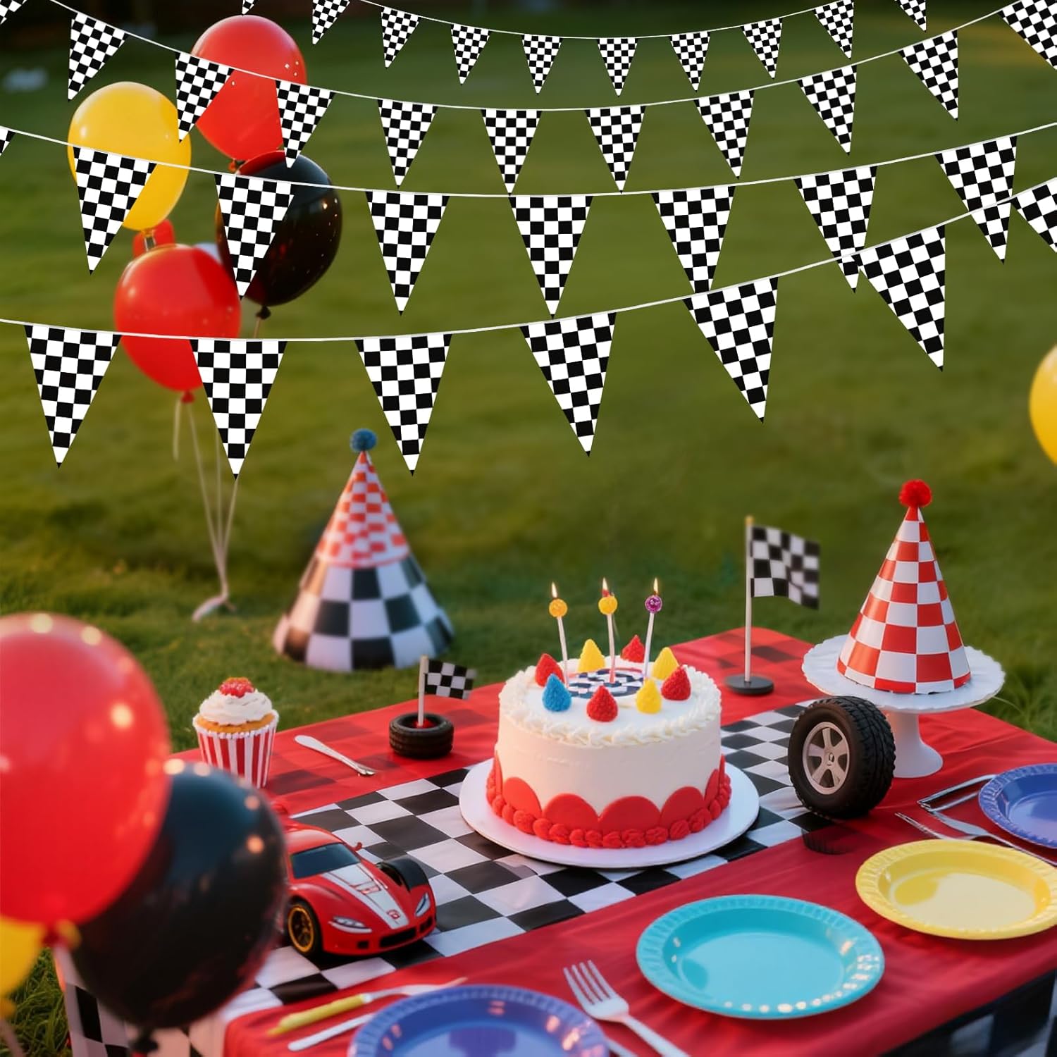 HOOSUN Checkered Flag Banner Race Cars Birthday Decorations,98 Ft 48 Pcs Checkered Flag Party Supplies,Racing Flags Decorations,Black and White Race Car Flag Pennant Banner for Nascar Cars Theme Party - Image 3
