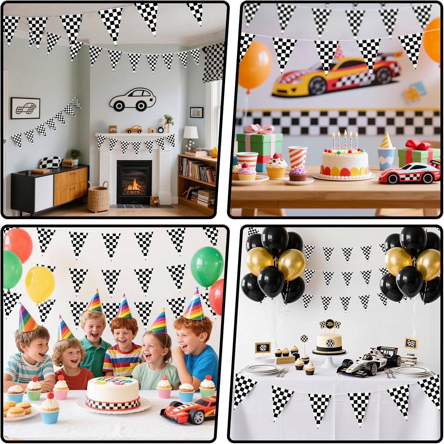 HOOSUN Checkered Flag Banner Race Cars Birthday Decorations,98 Ft 48 Pcs Checkered Flag Party Supplies,Racing Flags Decorations,Black and White Race Car Flag Pennant Banner for Nascar Cars Theme Party - Image 4
