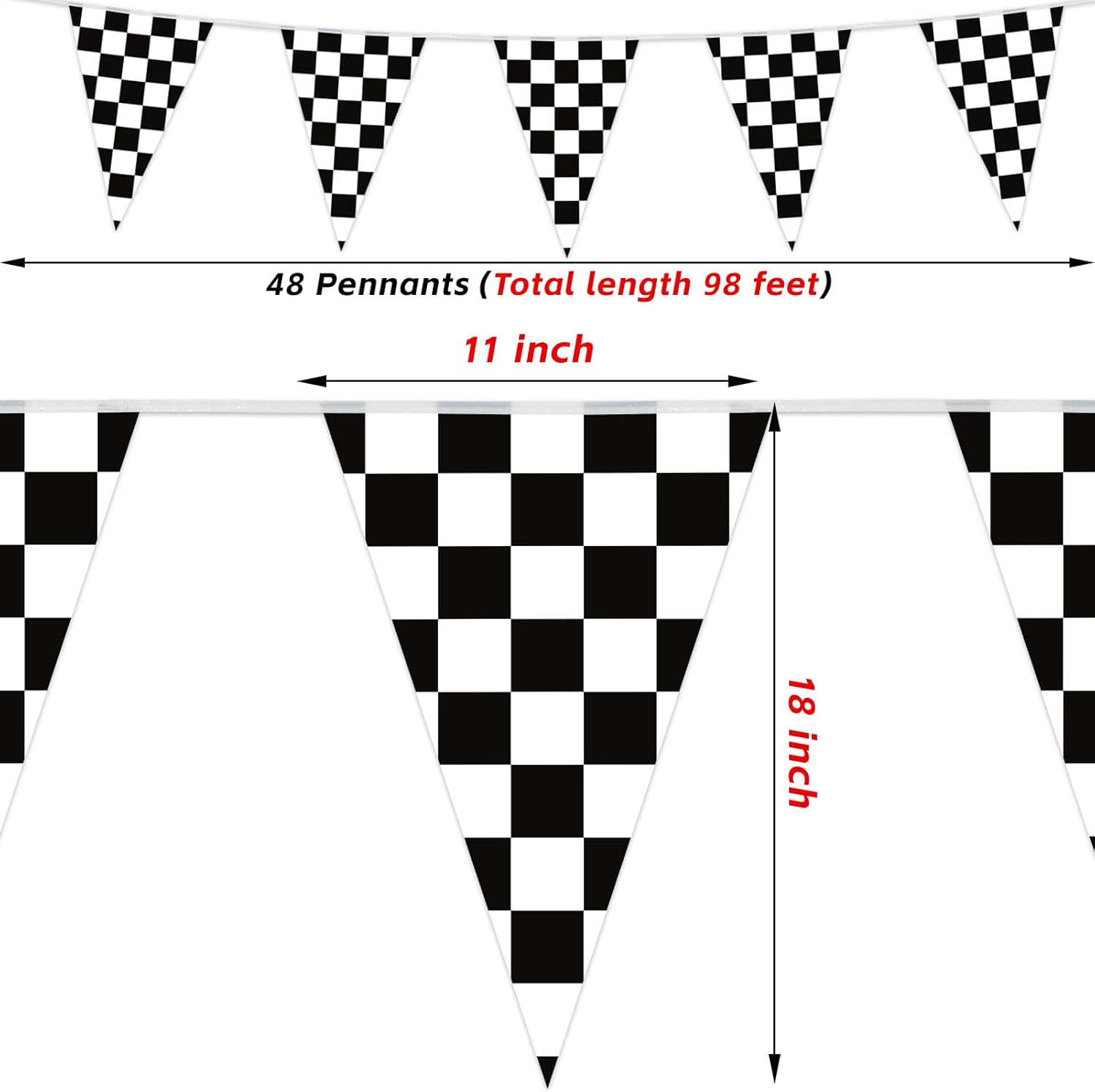 HOOSUN Checkered Flag Banner Race Cars Birthday Decorations,98 Ft 48 Pcs Checkered Flag Party Supplies,Racing Flags Decorations,Black and White Race Car Flag Pennant Banner for Nascar Cars Theme Party - Image 5