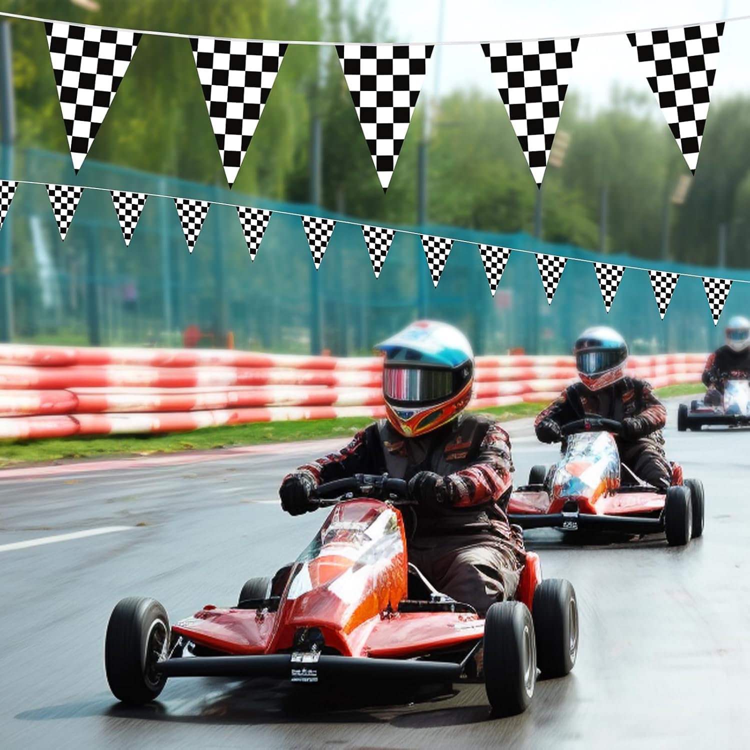 HOOSUN Checkered Flag Banner Race Cars Birthday Decorations,98 Ft 48 Pcs Checkered Flag Party Supplies,Racing Flags Decorations,Black and White Race Car Flag Pennant Banner for Nascar Cars Theme Party - Image 6