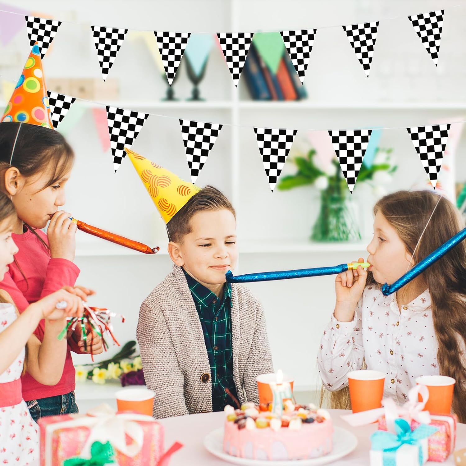 HOOSUN Checkered Flag Banner Race Cars Birthday Decorations,98 Ft 48 Pcs Checkered Flag Party Supplies,Racing Flags Decorations,Black and White Race Car Flag Pennant Banner for Nascar Cars Theme Party - Image 7