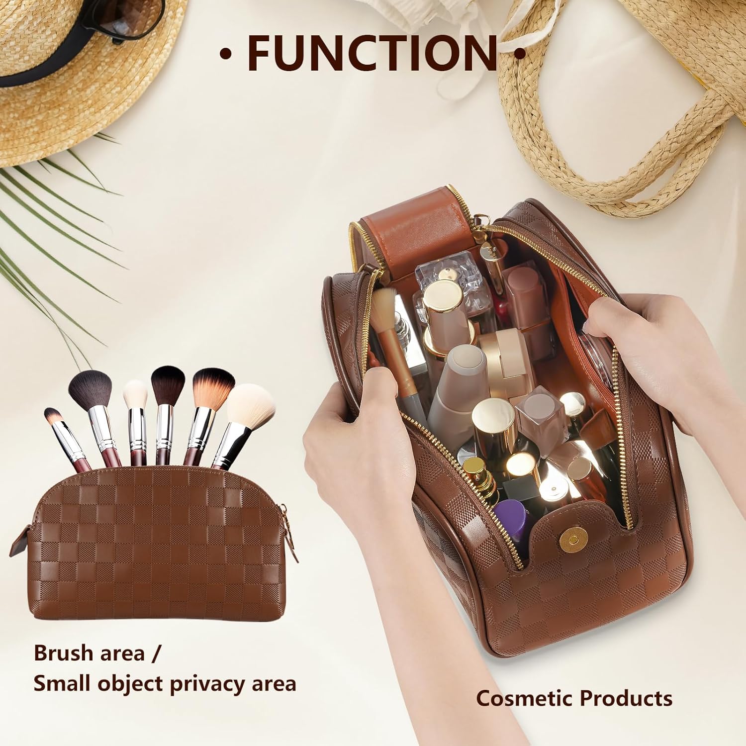 2 Pcs Makeup Bags Set, Large Capacity Makeup Organizer for Women, PU Leather Make Up Bag Portable Travel Toiletry Bag, Stylish Tessellated Cosmetic Bag Two Sizes to Match With Your Heart - Image 2