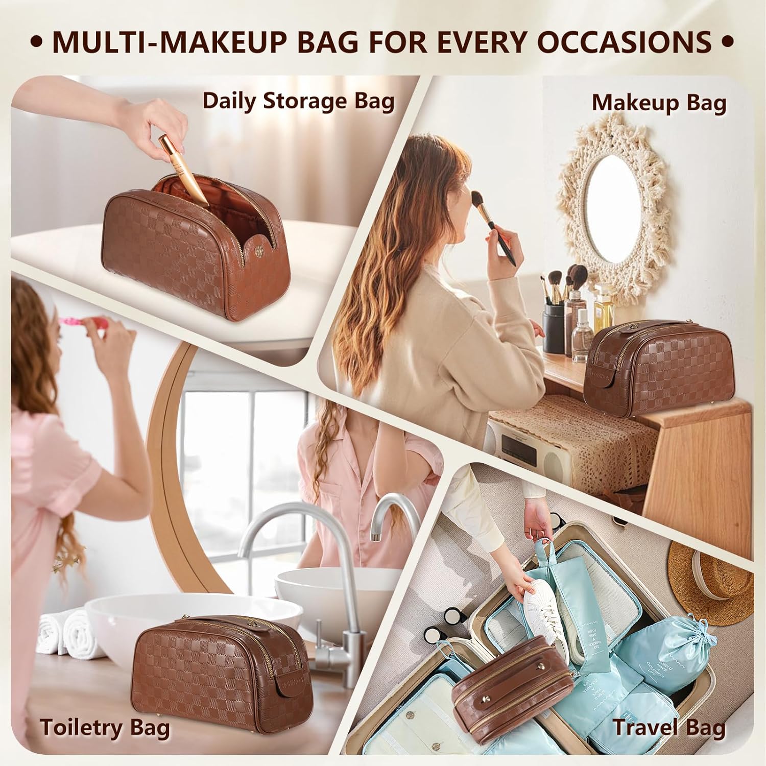 2 Pcs Makeup Bags Set, Large Capacity Makeup Organizer for Women, PU Leather Make Up Bag Portable Travel Toiletry Bag, Stylish Tessellated Cosmetic Bag Two Sizes to Match With Your Heart - Image 6