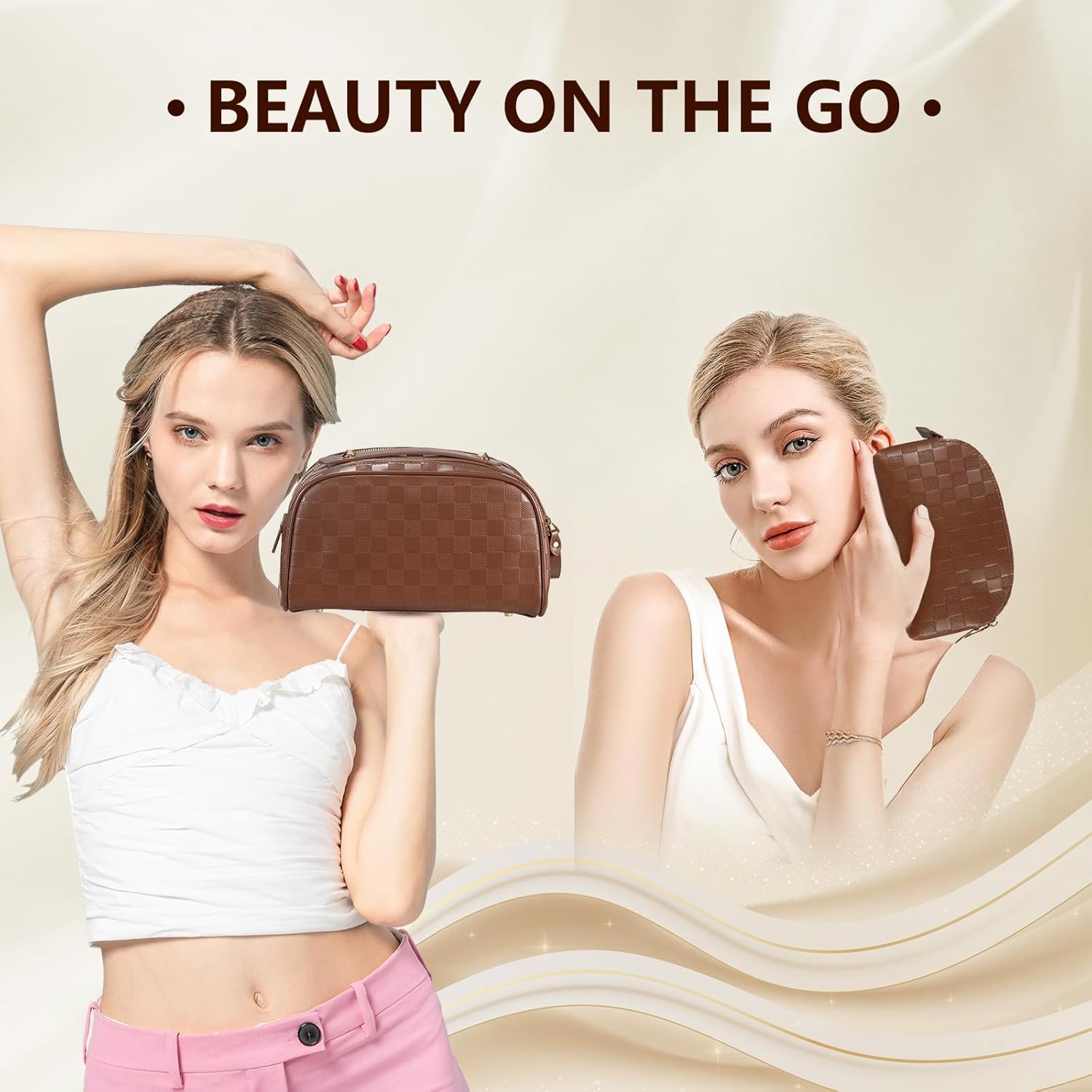 2 Pcs Makeup Bags Set, Large Capacity Makeup Organizer for Women, PU Leather Make Up Bag Portable Travel Toiletry Bag, Stylish Tessellated Cosmetic Bag Two Sizes to Match With Your Heart - Image 7