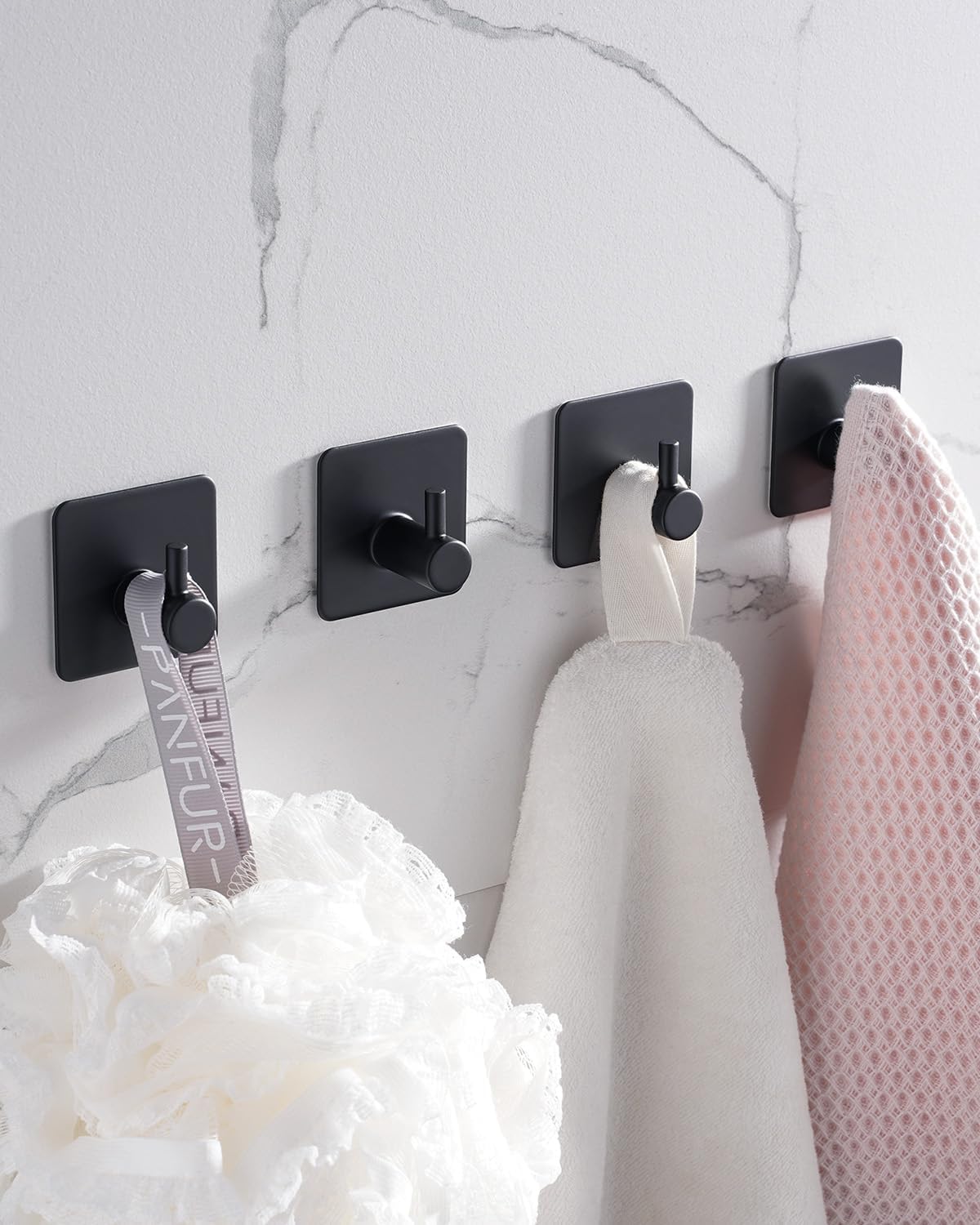 4 Pack Adhesive Hooks, Black Towel Hook for Bathrooms, Heavy Duty Stainless Steel Wall Hook, Waterproof Stick on Hook, Hooks for Hanging Robe, Key, Coat, Clothes - Image 1