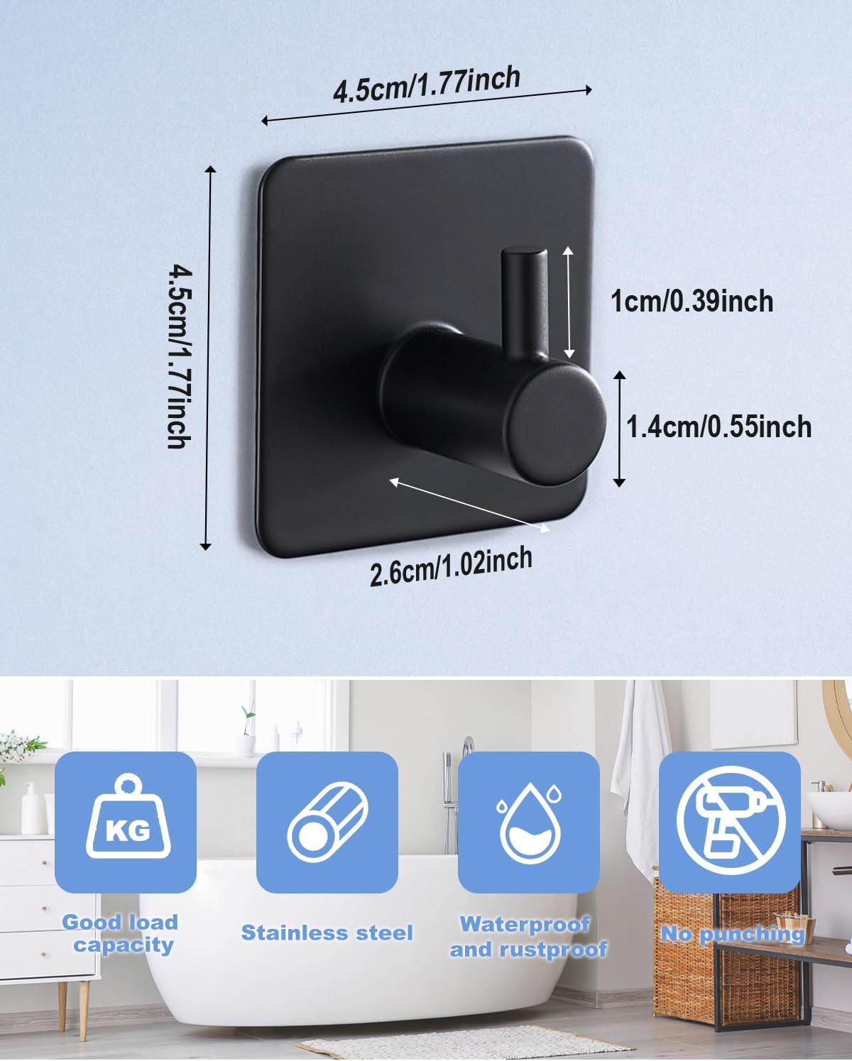 4 Pack Adhesive Hooks, Black Towel Hook for Bathrooms, Heavy Duty Stainless Steel Wall Hook, Waterproof Stick on Hook, Hooks for Hanging Robe, Key, Coat, Clothes - Image 3