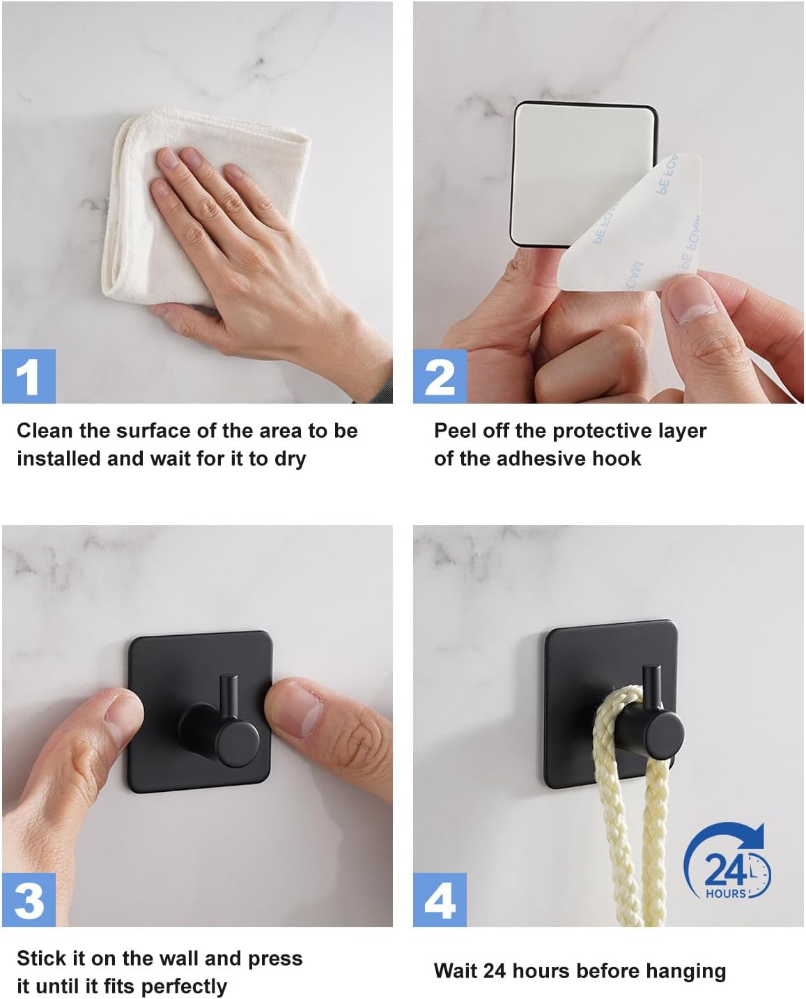 4 Pack Adhesive Hooks, Black Towel Hook for Bathrooms, Heavy Duty Stainless Steel Wall Hook, Waterproof Stick on Hook, Hooks for Hanging Robe, Key, Coat, Clothes - Image 4