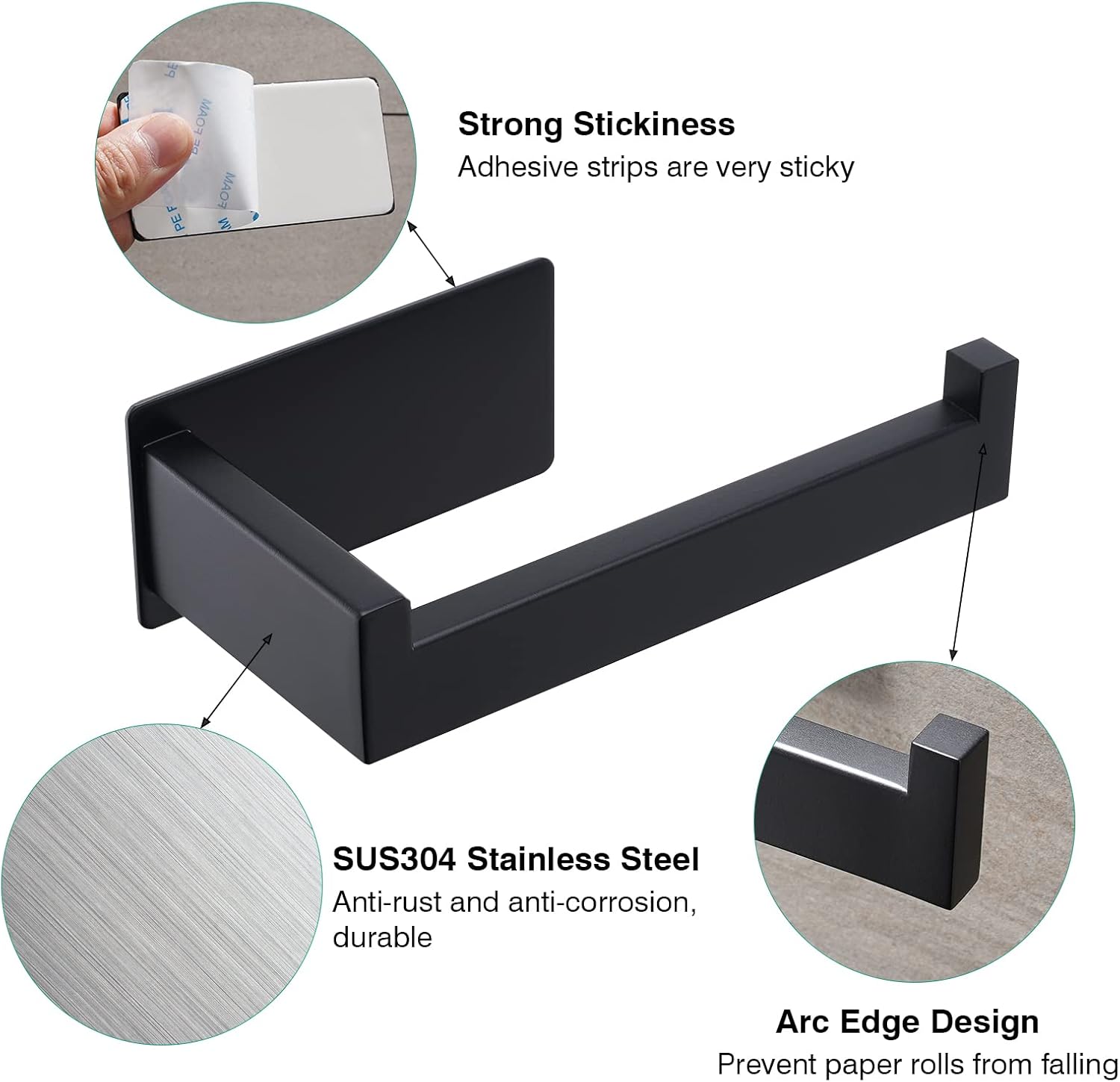 Toilet Paper Holder, Adhesive Toilet Paper Roll Holder, SUS304 Stainless Steel Rustproof Wall for Bathroom, Kitchen and Washroom, Black - Image 5