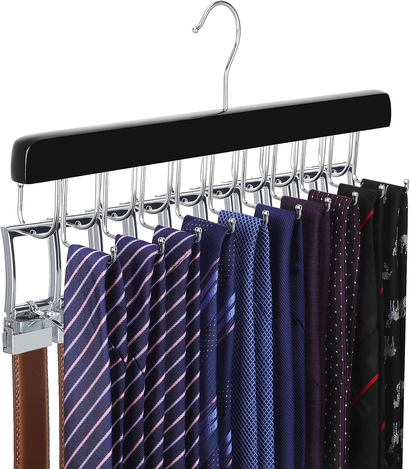 TOPIA HANGER 20 Hooks 2 in 1 Belt Tie Hanger for Closet Max 30 Belts with 30 Ties Capacity, Belt Tie Racks Wooden Hanger for Closet Organizer Storage “U” Fit for Belt and “一” Fit for Tie - CT47B - Image 1