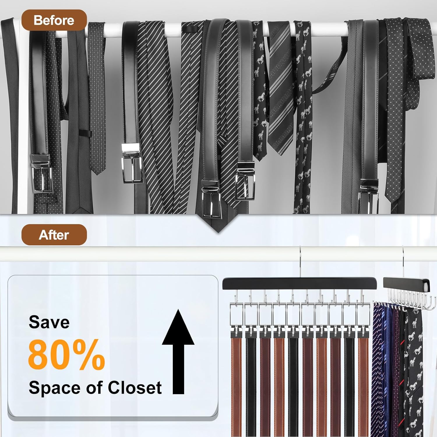 TOPIA HANGER 20 Hooks 2 in 1 Belt Tie Hanger for Closet Max 30 Belts with 30 Ties Capacity, Belt Tie Racks Wooden Hanger for Closet Organizer Storage “U” Fit for Belt and “一” Fit for Tie - CT47B - Image 2