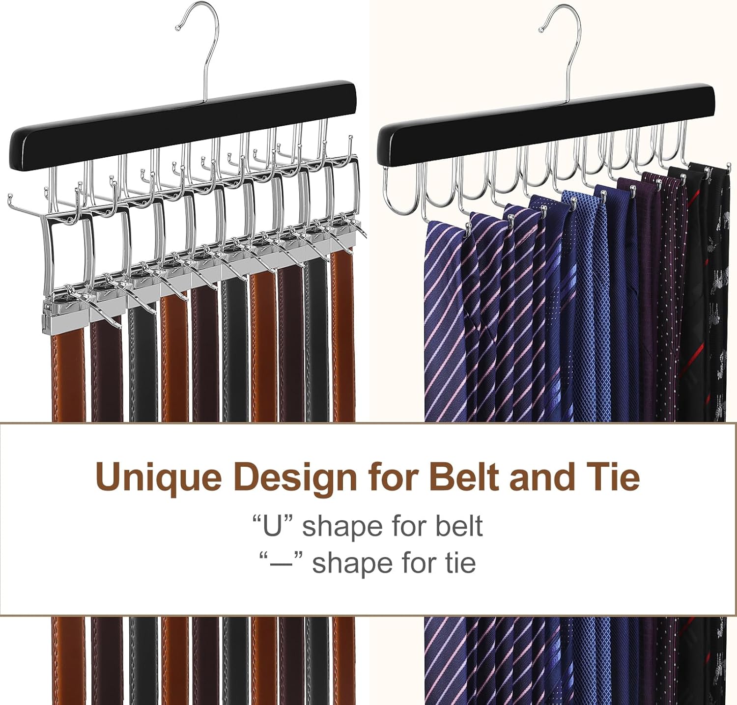 TOPIA HANGER 20 Hooks 2 in 1 Belt Tie Hanger for Closet Max 30 Belts with 30 Ties Capacity, Belt Tie Racks Wooden Hanger for Closet Organizer Storage “U” Fit for Belt and “一” Fit for Tie - CT47B - Image 3