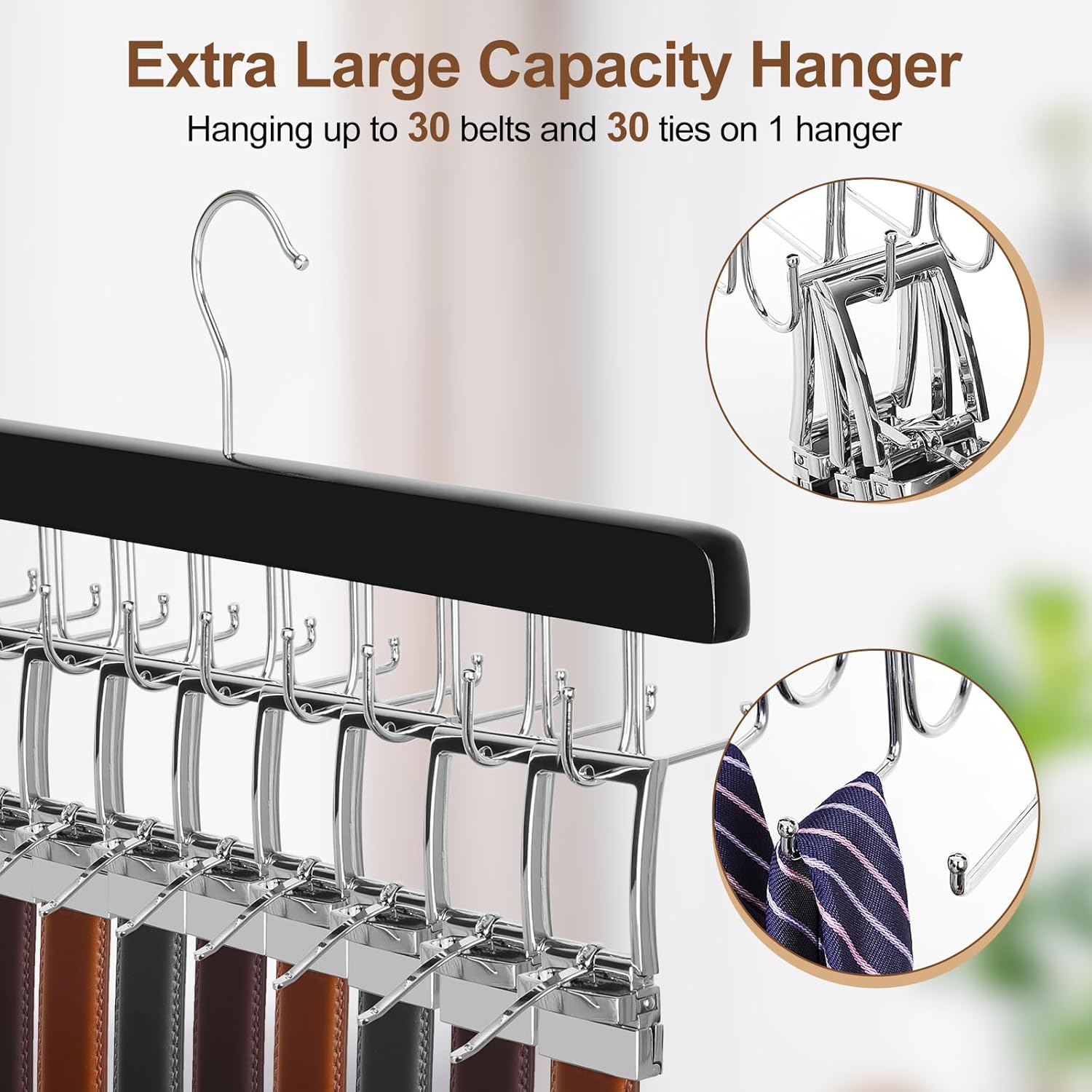 TOPIA HANGER 20 Hooks 2 in 1 Belt Tie Hanger for Closet Max 30 Belts with 30 Ties Capacity, Belt Tie Racks Wooden Hanger for Closet Organizer Storage “U” Fit for Belt and “一” Fit for Tie - CT47B - Image 4