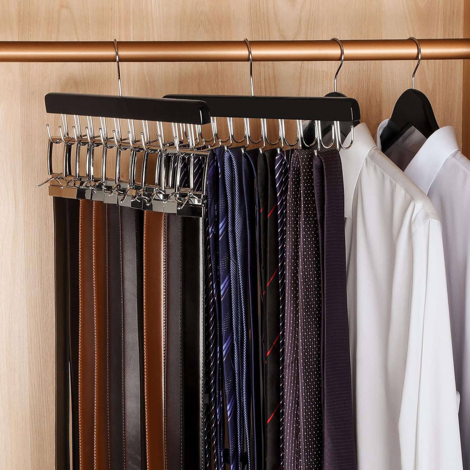 TOPIA HANGER 20 Hooks 2 in 1 Belt Tie Hanger for Closet Max 30 Belts with 30 Ties Capacity, Belt Tie Racks Wooden Hanger for Closet Organizer Storage “U” Fit for Belt and “一” Fit for Tie - CT47B - Image 5