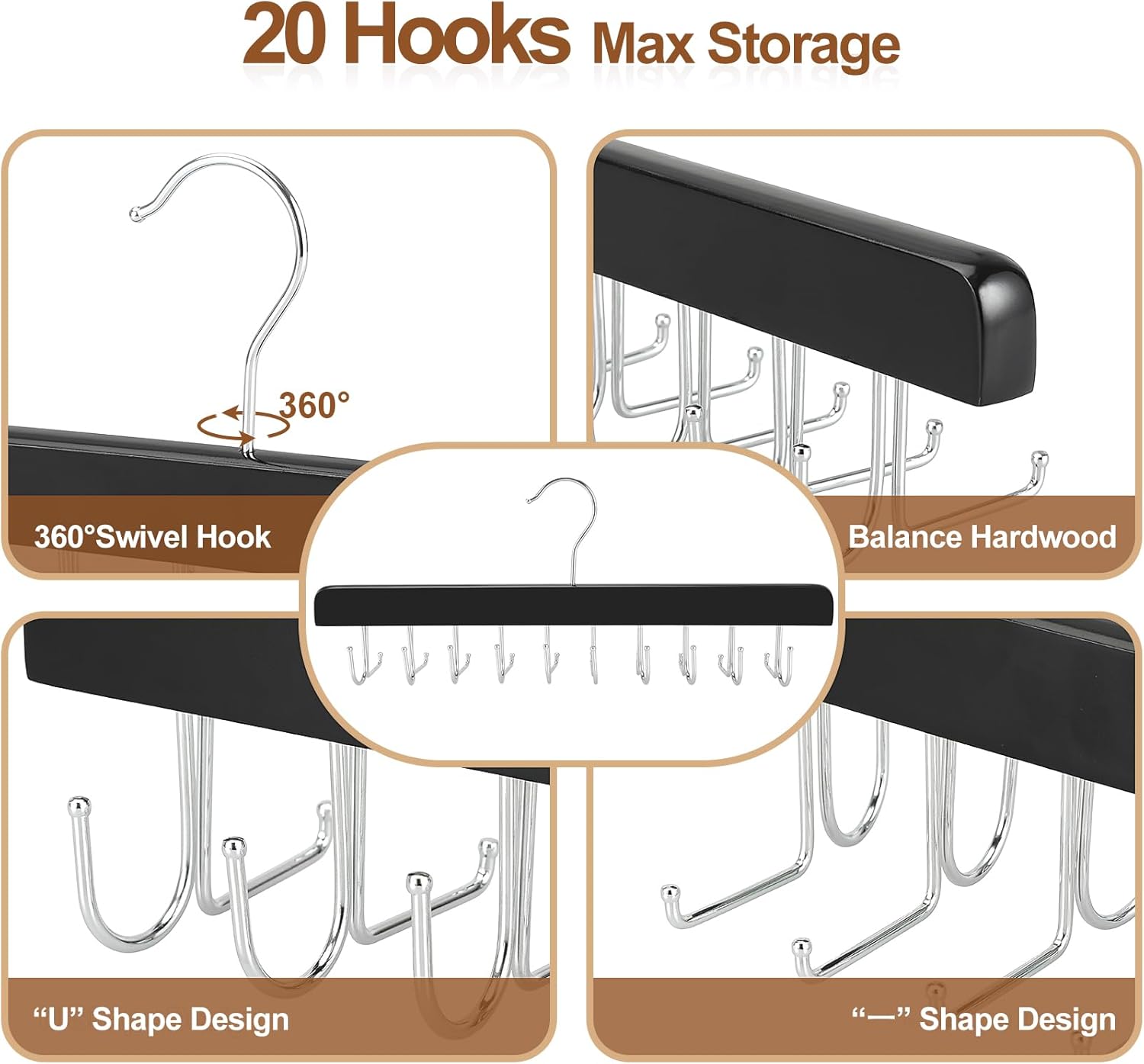 TOPIA HANGER 20 Hooks 2 in 1 Belt Tie Hanger for Closet Max 30 Belts with 30 Ties Capacity, Belt Tie Racks Wooden Hanger for Closet Organizer Storage “U” Fit for Belt and “一” Fit for Tie - CT47B - Image 7