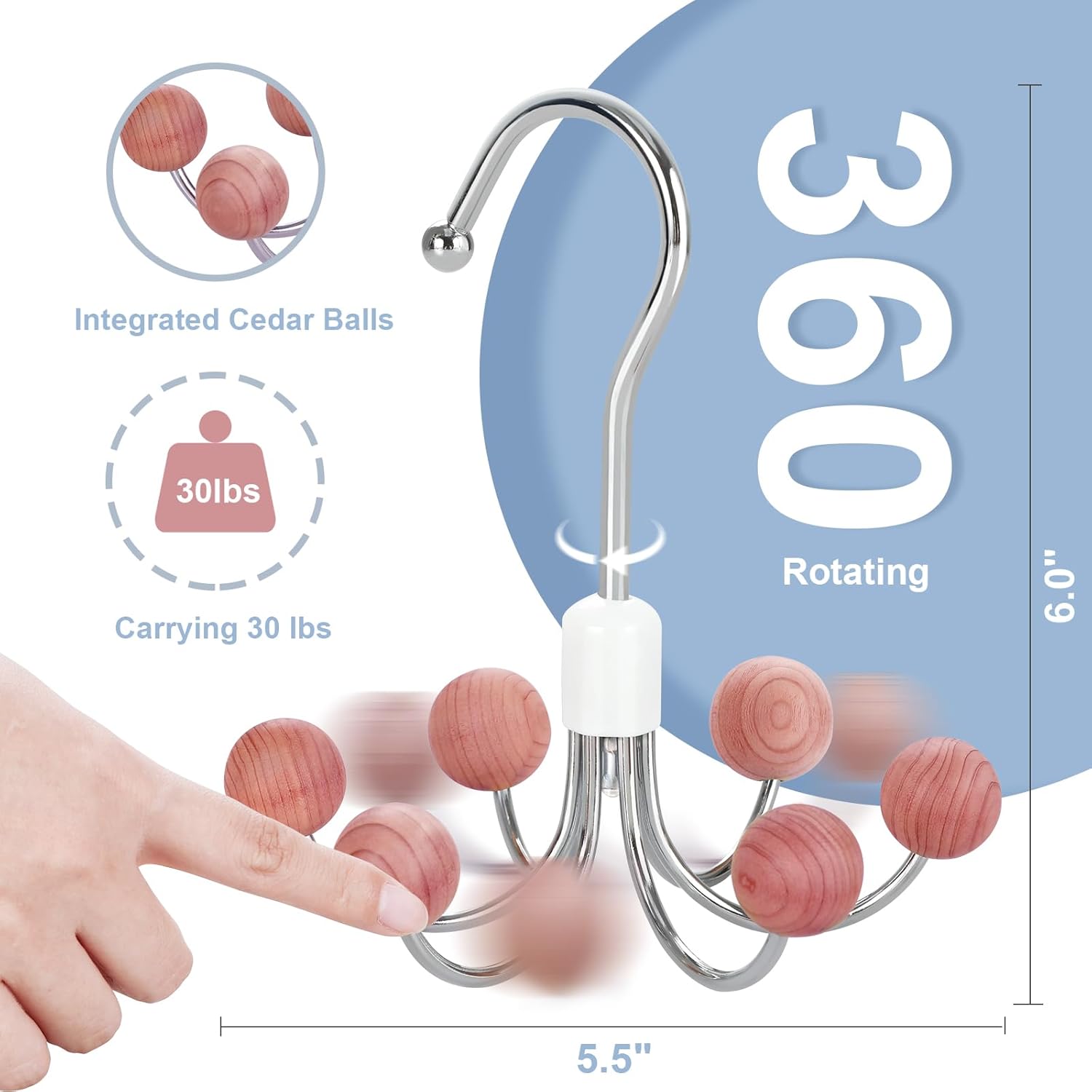 TOPIA HANGER Hoodie Hangers 2-Pack with 6 Cedar Balls, 360°Swivel Purse Hanger, Scarf Hanger, Closet Hooks, Handbag Organizer, Bra Hanger, Accessory Organizers for Scarf, Tanktop, Hat, Hoodie CT43C - Image 2