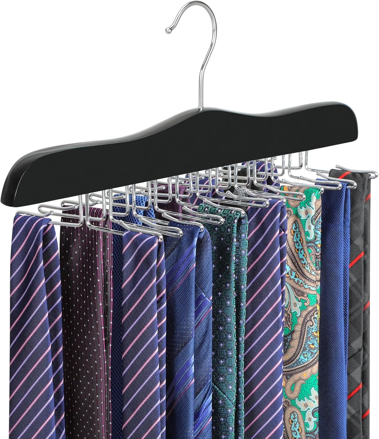 TOPIA HANGER Tie Rack Hanger for Closet, Wooden Tie Organizer for Men with 24 Folding Hooks, Space Saving Necktie Holder for Storage and Display Bra, Tank Top, Camisole (1-Pack), Black- CT14B - Image 1