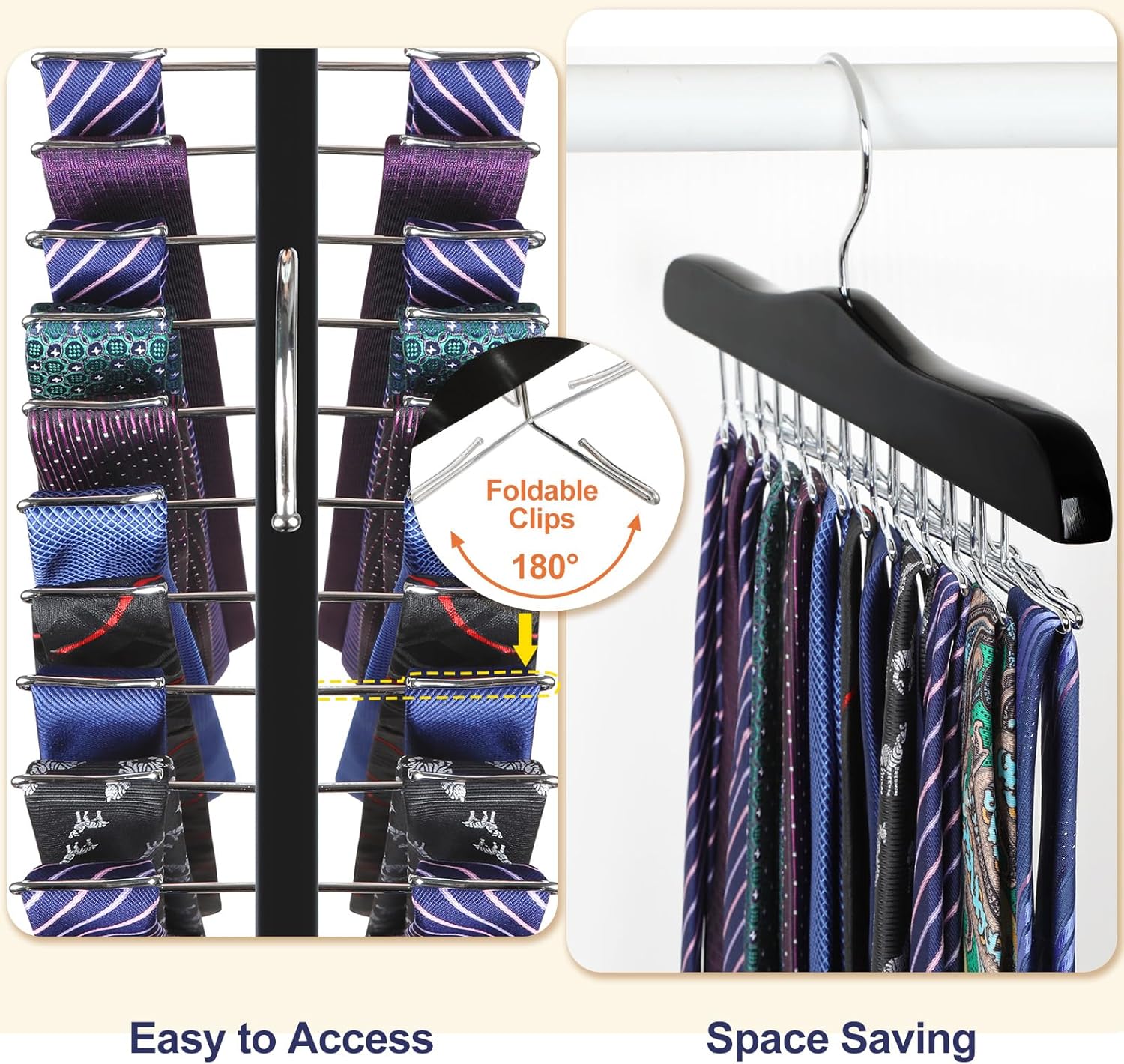 TOPIA HANGER Tie Rack Hanger for Closet, Wooden Tie Organizer for Men with 24 Folding Hooks, Space Saving Necktie Holder for Storage and Display Bra, Tank Top, Camisole (1-Pack), Black- CT14B - Image 3