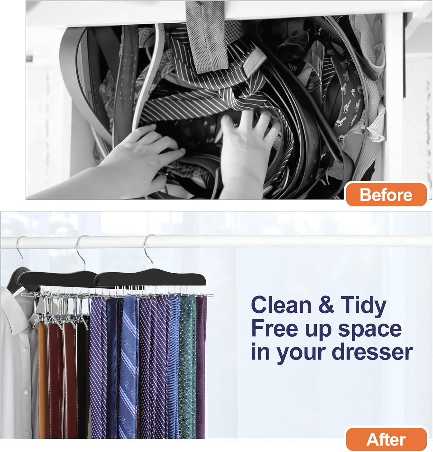 TOPIA HANGER Tie Rack Hanger for Closet, Wooden Tie Organizer for Men with 24 Folding Hooks, Space Saving Necktie Holder for Storage and Display Bra, Tank Top, Camisole (1-Pack), Black- CT14B - Image 4