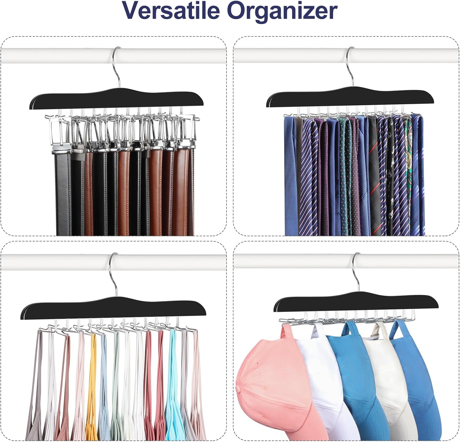 TOPIA HANGER Tie Rack Hanger for Closet, Wooden Tie Organizer for Men with 24 Folding Hooks, Space Saving Necktie Holder for Storage and Display Bra, Tank Top, Camisole (1-Pack), Black- CT14B - Image 5