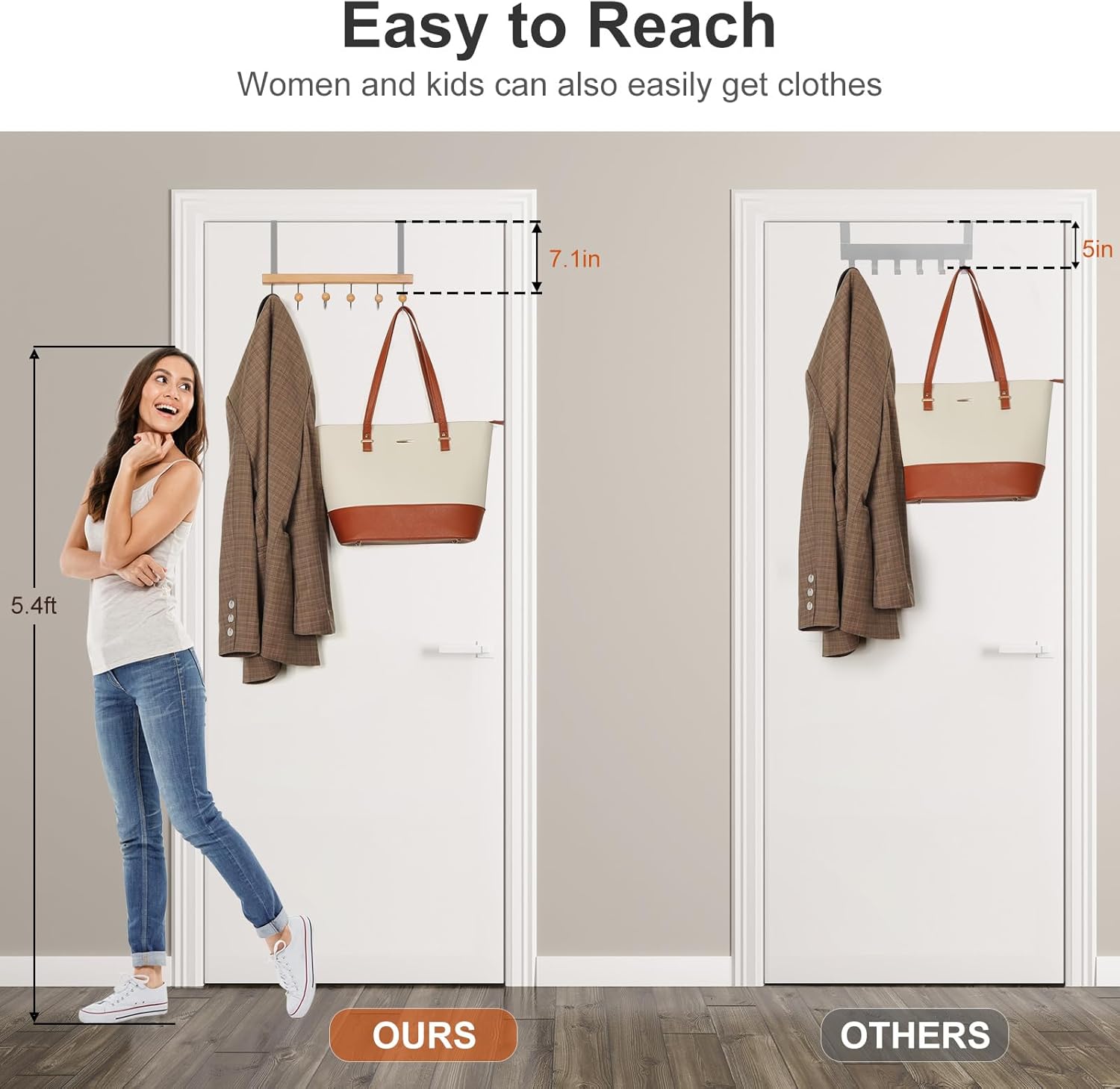 TOPIA HANGER Over The Door Hooks for Hanging, Towel Hooks Towel Racks for Bathroom, Coat Hooks Coat Rack Over The Door Organizer Hanging, Wooden Door Hangers for Coat Towel Hat Purse CT71N - Image 3