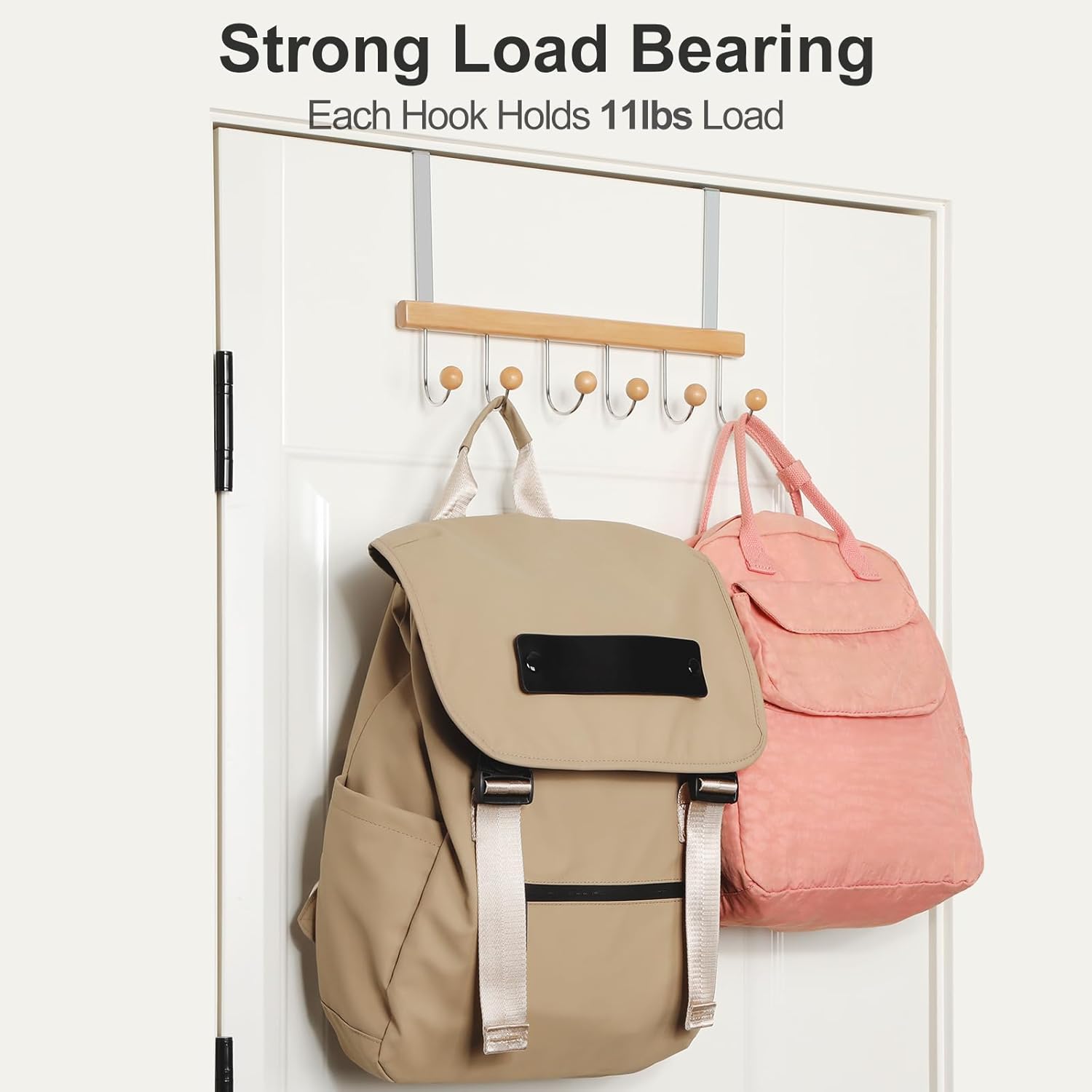 TOPIA HANGER Over The Door Hooks for Hanging, Towel Hooks Towel Racks for Bathroom, Coat Hooks Coat Rack Over The Door Organizer Hanging, Wooden Door Hangers for Coat Towel Hat Purse CT71N - Image 4