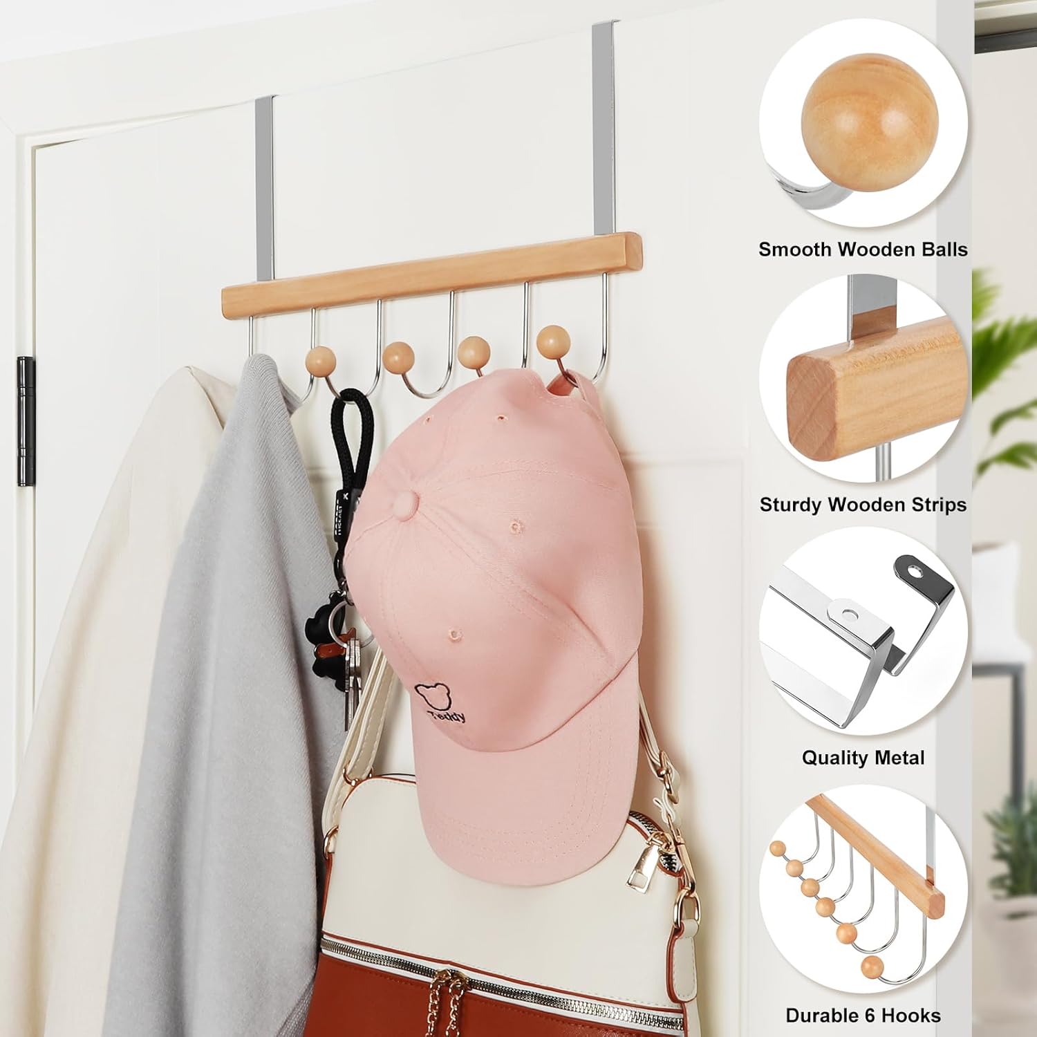 TOPIA HANGER Over The Door Hooks for Hanging, Towel Hooks Towel Racks for Bathroom, Coat Hooks Coat Rack Over The Door Organizer Hanging, Wooden Door Hangers for Coat Towel Hat Purse CT71N - Image 5