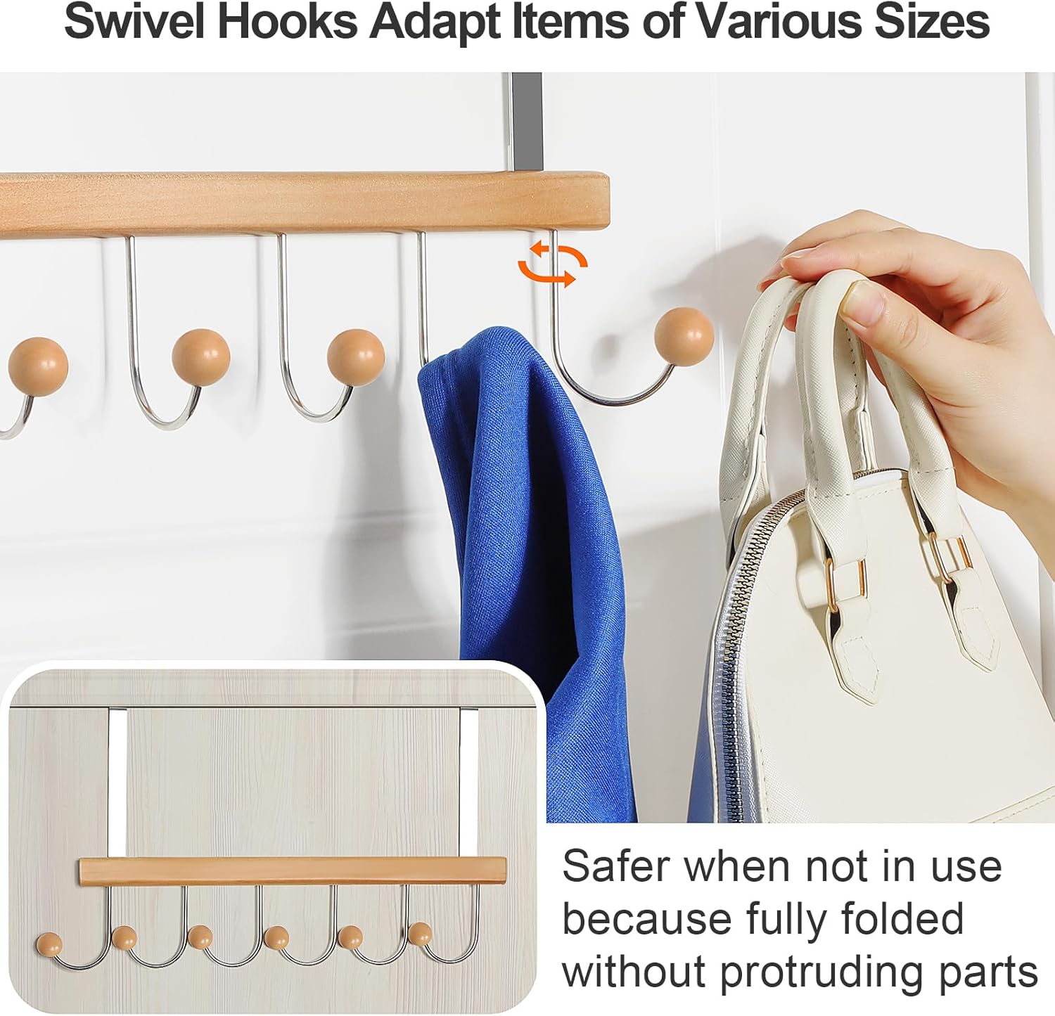 TOPIA HANGER Over The Door Hooks for Hanging, Towel Hooks Towel Racks for Bathroom, Coat Hooks Coat Rack Over The Door Organizer Hanging, Wooden Door Hangers for Coat Towel Hat Purse CT71N - Image 7
