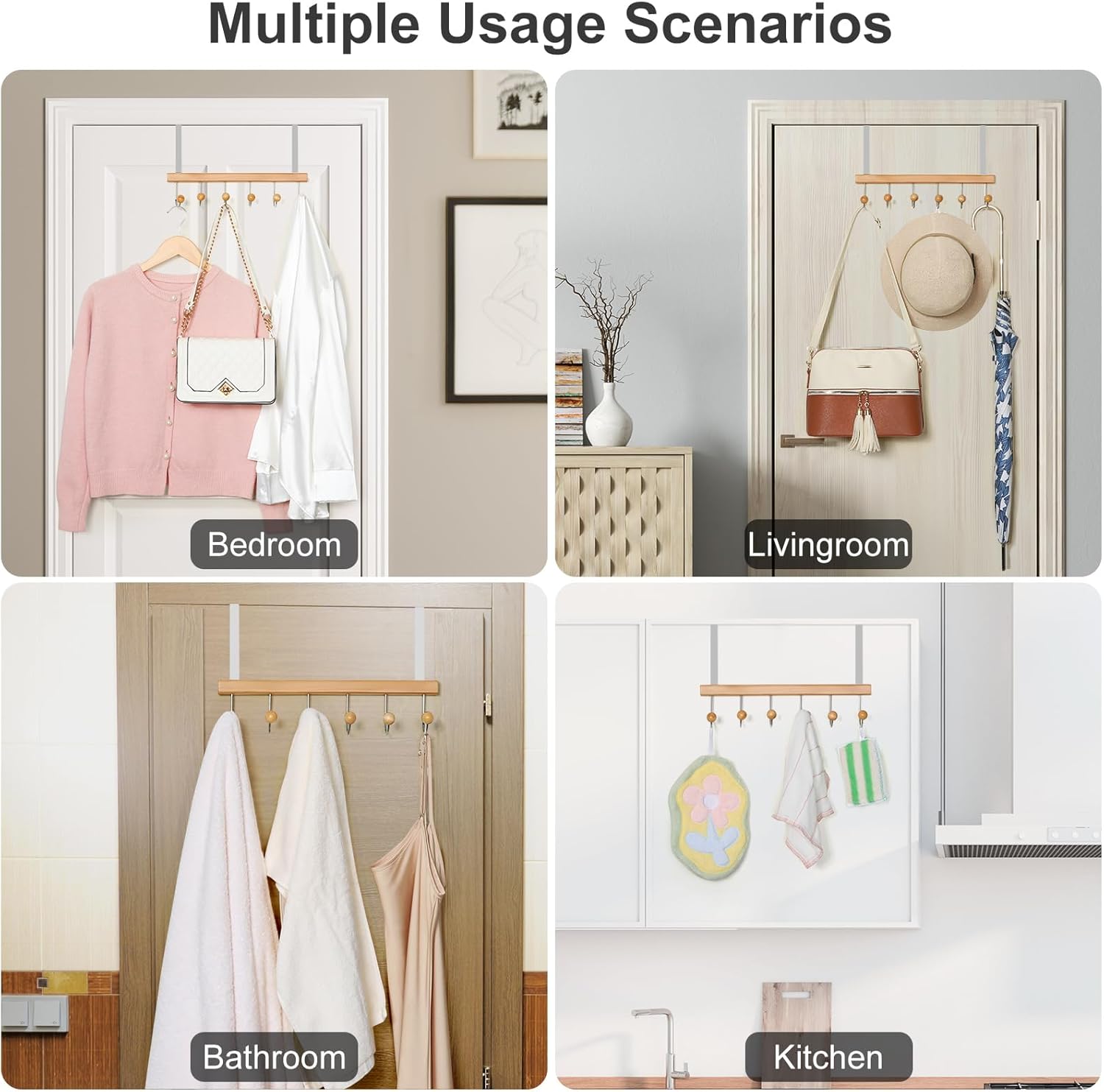 TOPIA HANGER Over The Door Hooks for Hanging, Towel Hooks Towel Racks for Bathroom, Coat Hooks Coat Rack Over The Door Organizer Hanging, Wooden Door Hangers for Coat Towel Hat Purse CT71N - Image 8