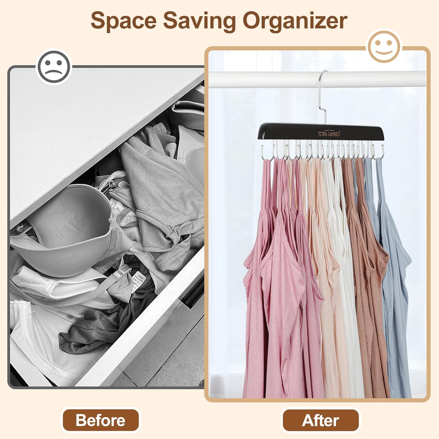 TOPIA HANGER Bra Hanger for Closet, 2 Pack Tank Top Hangers 40 Hooks Capacity Foldable Wood Space Saving Hangers Closet Organizer for Tank Top, Bra, Scarf, Belt, Tie etc - CT46B-2 - Image 3