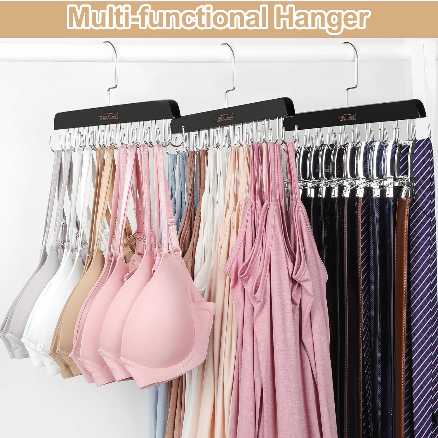 TOPIA HANGER Bra Hanger for Closet, 2 Pack Tank Top Hangers 40 Hooks Capacity Foldable Wood Space Saving Hangers Closet Organizer for Tank Top, Bra, Scarf, Belt, Tie etc - CT46B-2 - Image 5