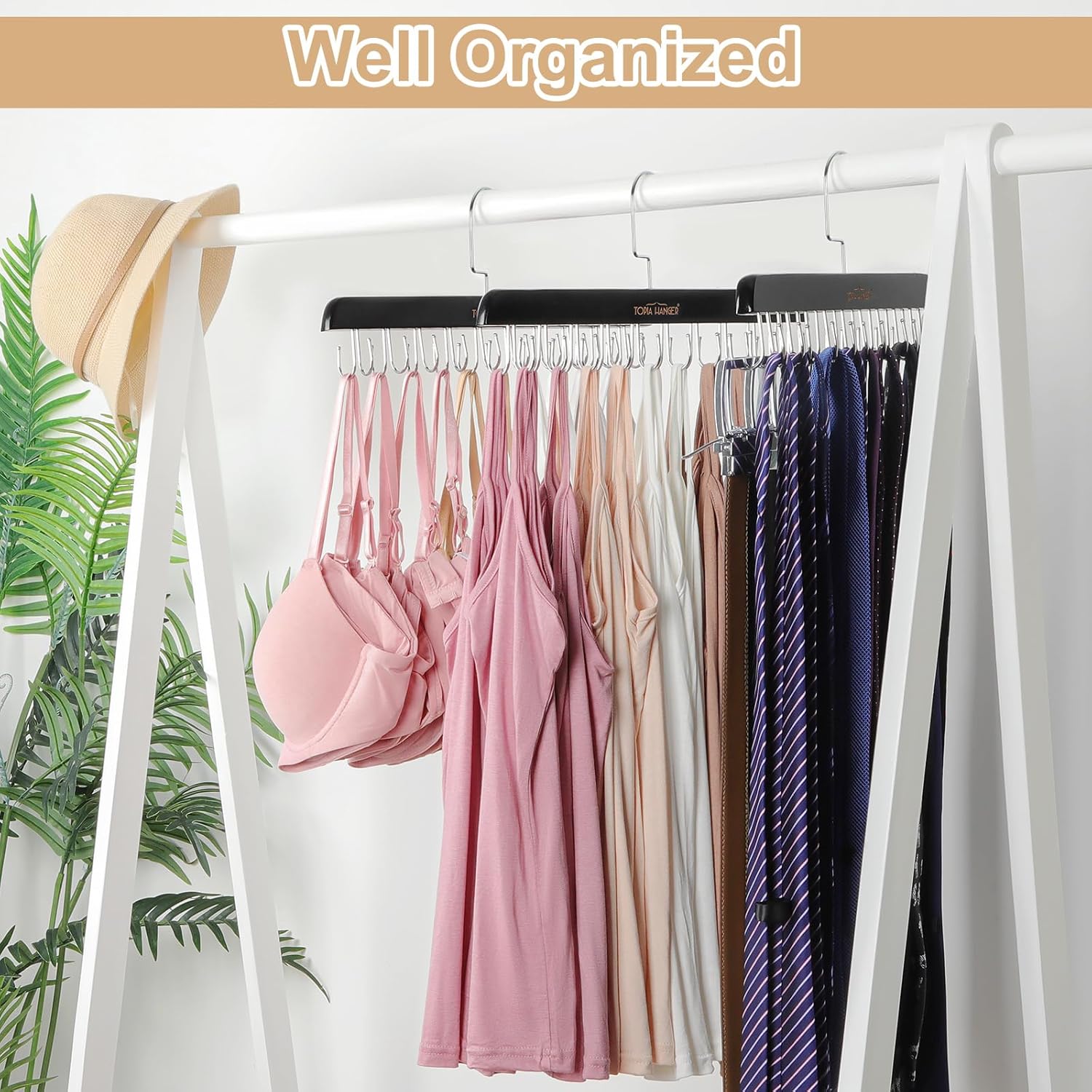TOPIA HANGER Bra Hanger for Closet, 2 Pack Tank Top Hangers 40 Hooks Capacity Foldable Wood Space Saving Hangers Closet Organizer for Tank Top, Bra, Scarf, Belt, Tie etc - CT46B-2 - Image 6