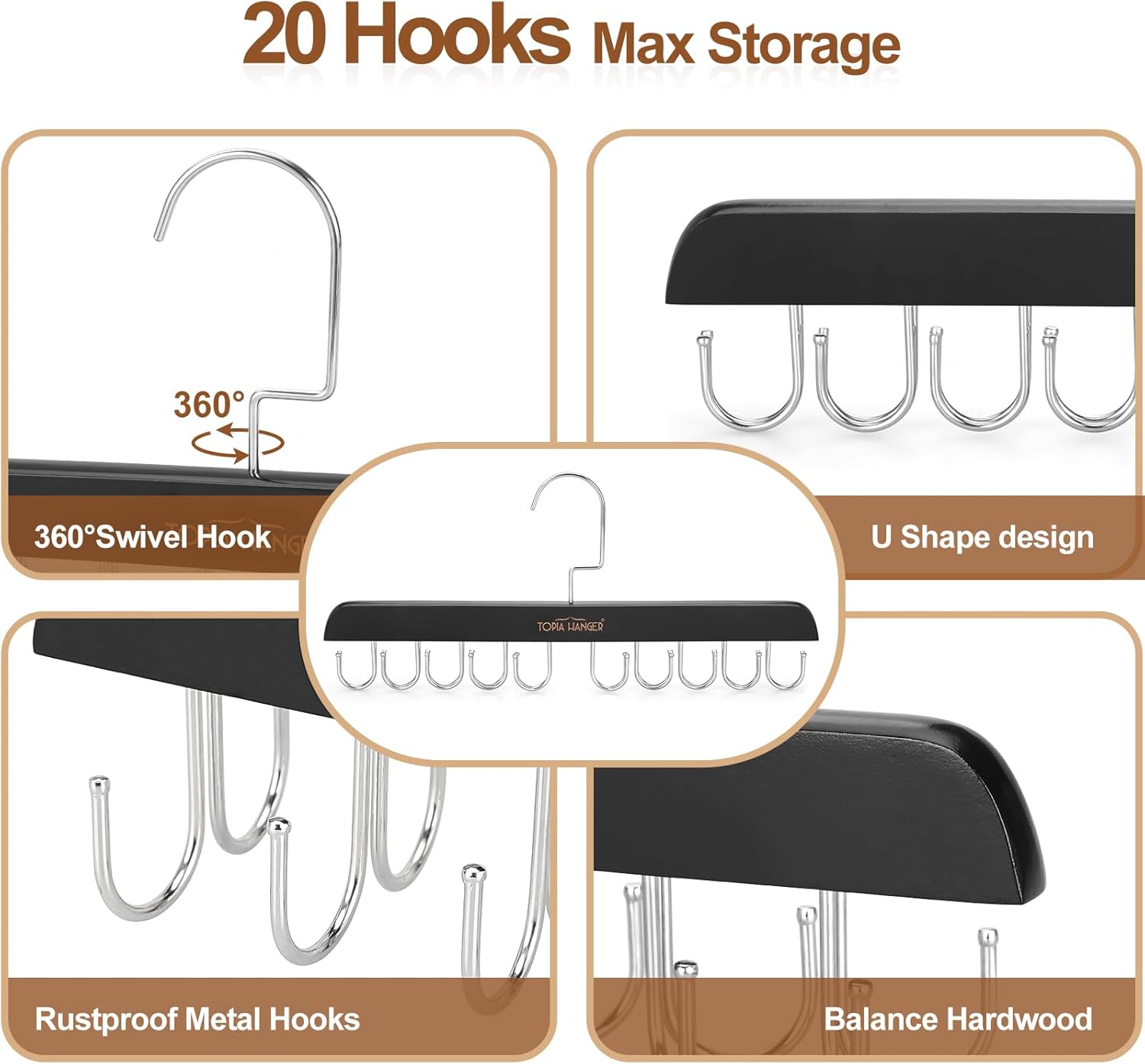 TOPIA HANGER Bra Hanger for Closet, 2 Pack Tank Top Hangers 40 Hooks Capacity Foldable Wood Space Saving Hangers Closet Organizer for Tank Top, Bra, Scarf, Belt, Tie etc - CT46B-2 - Image 7