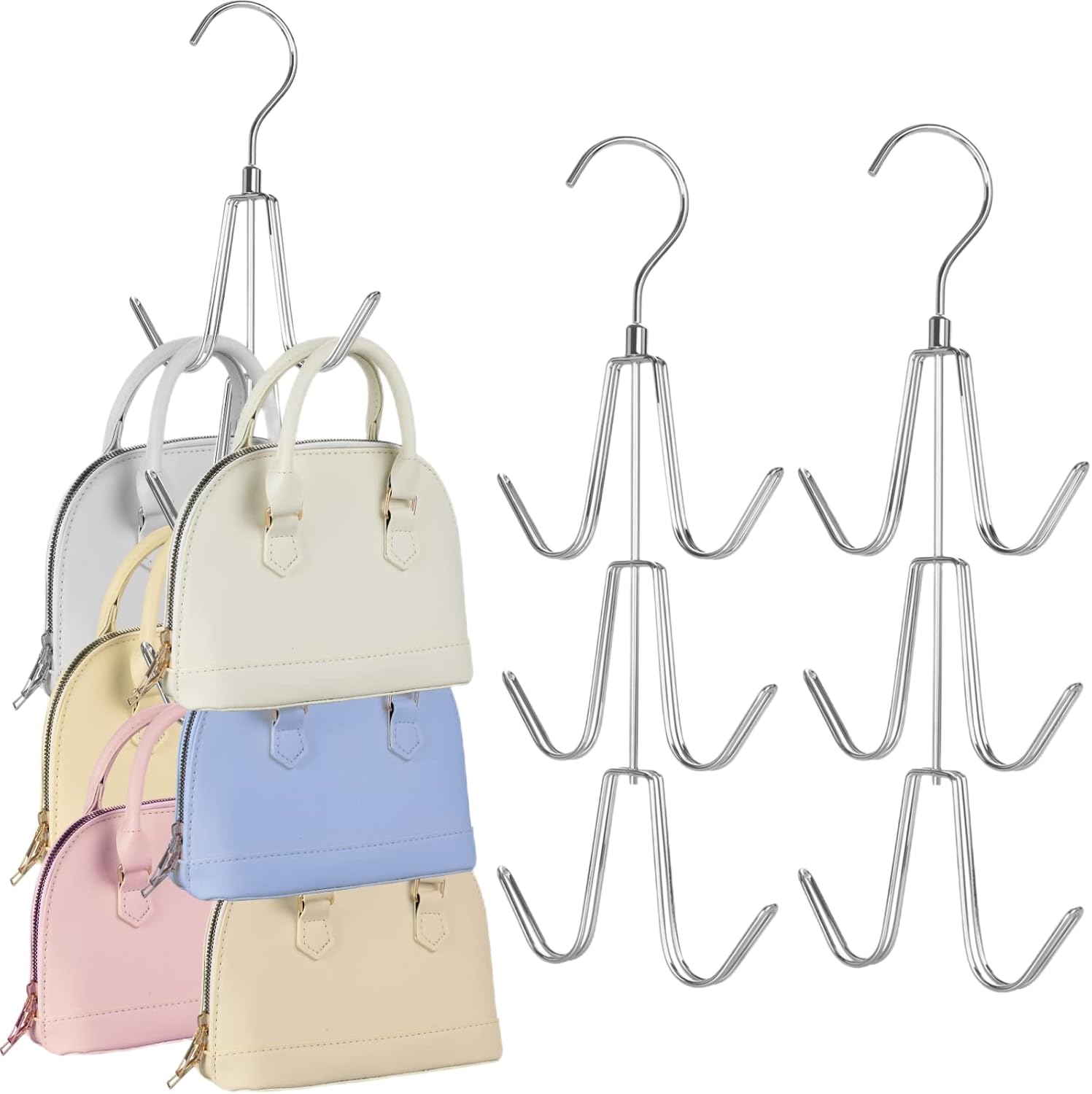 TOPIA HANGER Purse Hanger Organizer for Closet, 2-Pack Handbag Organizer Hanger, 360°Swivel Metal Purse Hooks, Bag Rack, Belt Organizer, Tie Rack, Scarf Hanger, Bag Storage Organizer, Silver - Image 1