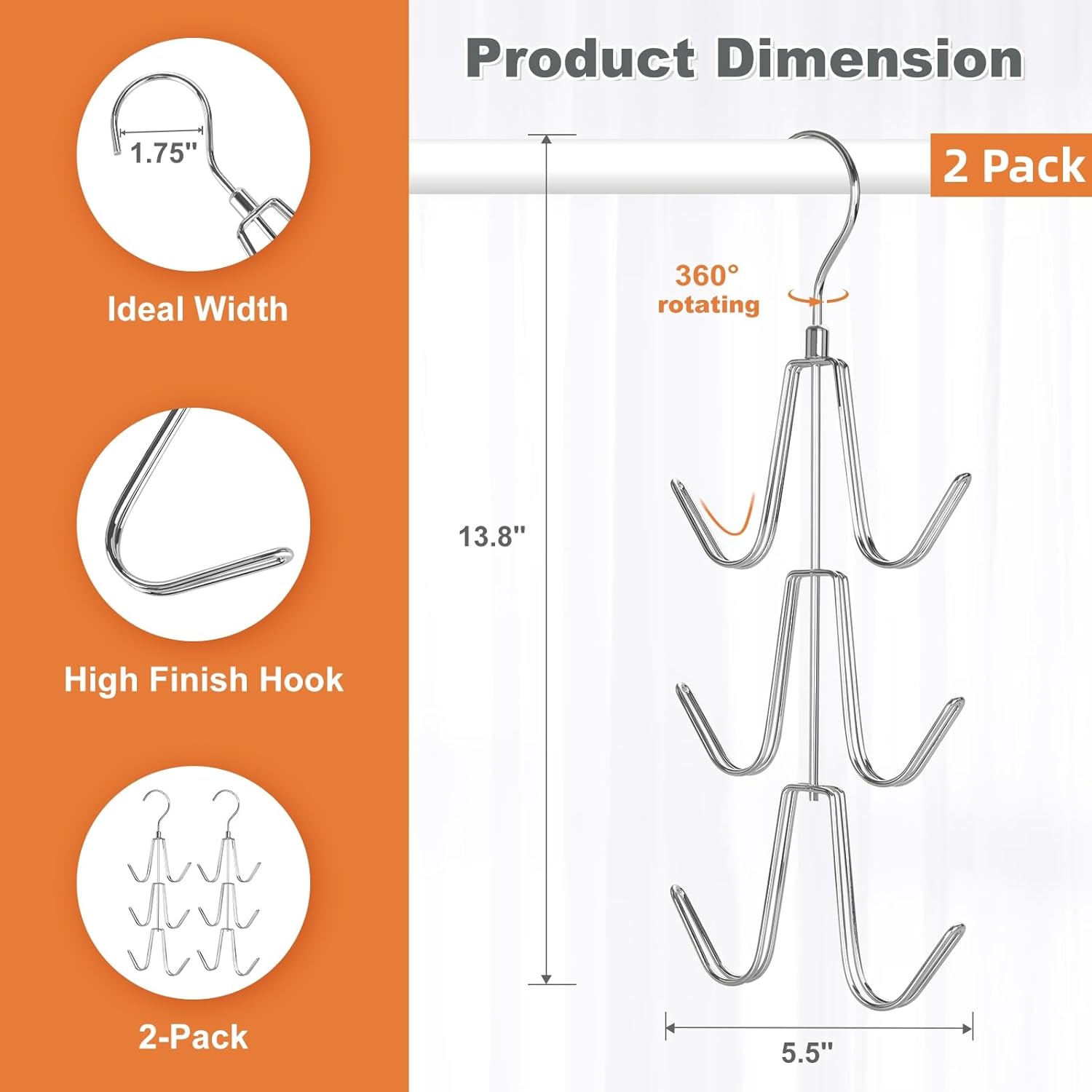 TOPIA HANGER Purse Hanger Organizer for Closet, 2-Pack Handbag Organizer Hanger, 360°Swivel Metal Purse Hooks, Bag Rack, Belt Organizer, Tie Rack, Scarf Hanger, Bag Storage Organizer, Silver - Image 3