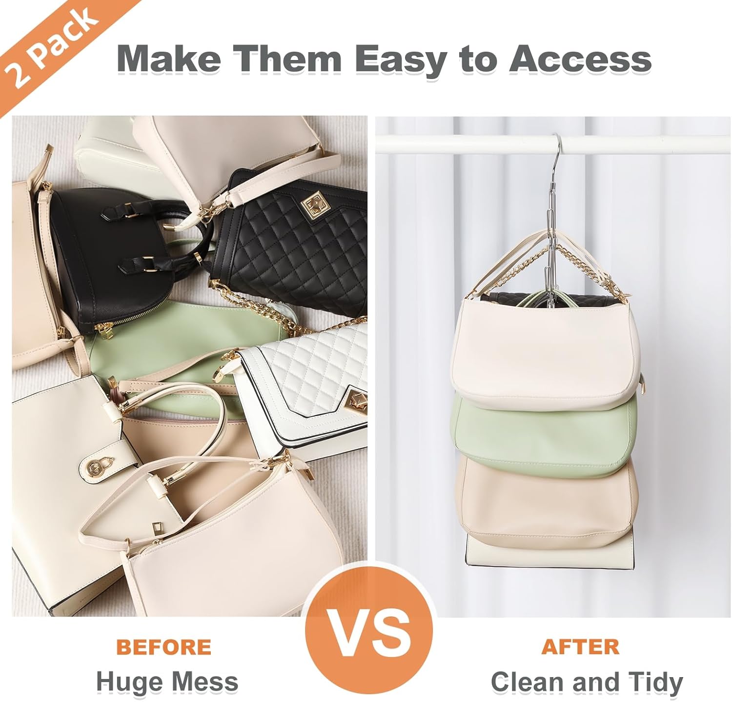 TOPIA HANGER Purse Hanger Organizer for Closet, 2-Pack Handbag Organizer Hanger, 360°Swivel Metal Purse Hooks, Bag Rack, Belt Organizer, Tie Rack, Scarf Hanger, Bag Storage Organizer, Silver - Image 5