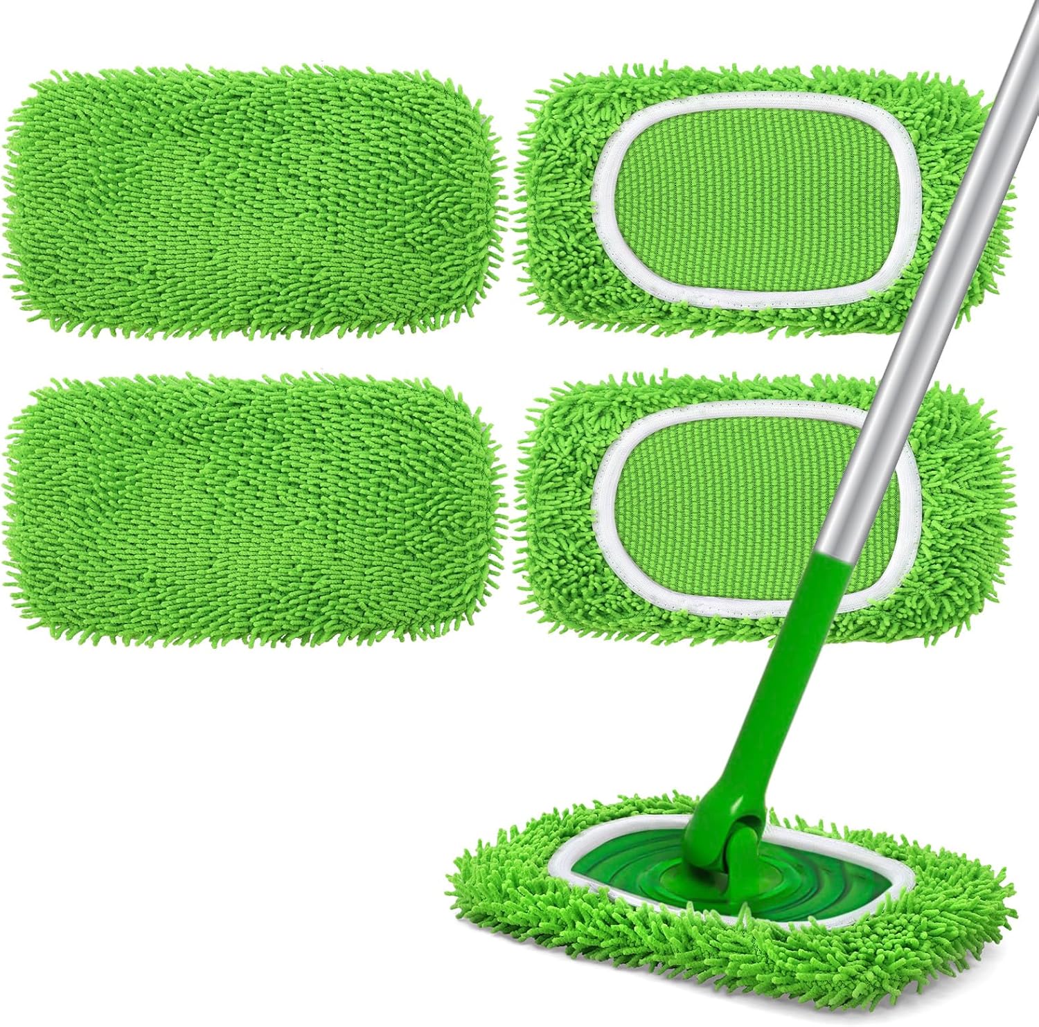 Reusable Microfiber Mop Pads Compatible with Swiffer Sweeper- 4 Pack Dry Sweeping Cloths & Wet Mopping Cloths - Chenille Washable Wet Pads Refill for Mopping Floors (Mop is not Included) - Image 1