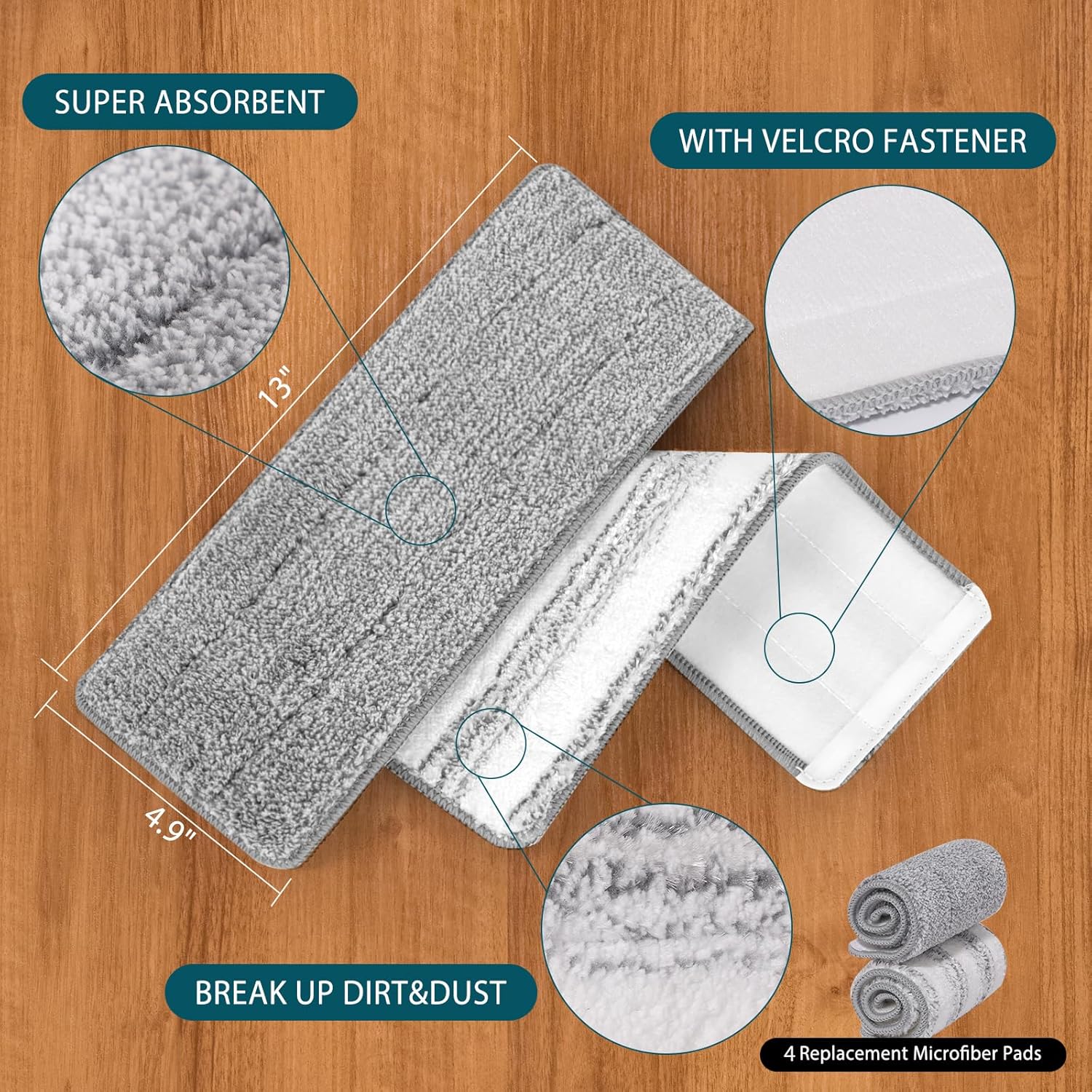 4 Pack Mop Replacement Pads Compatible with Joymoop Flat Mop or Mop Bucket Set - Microfiber Flat Mop Pads for All 13