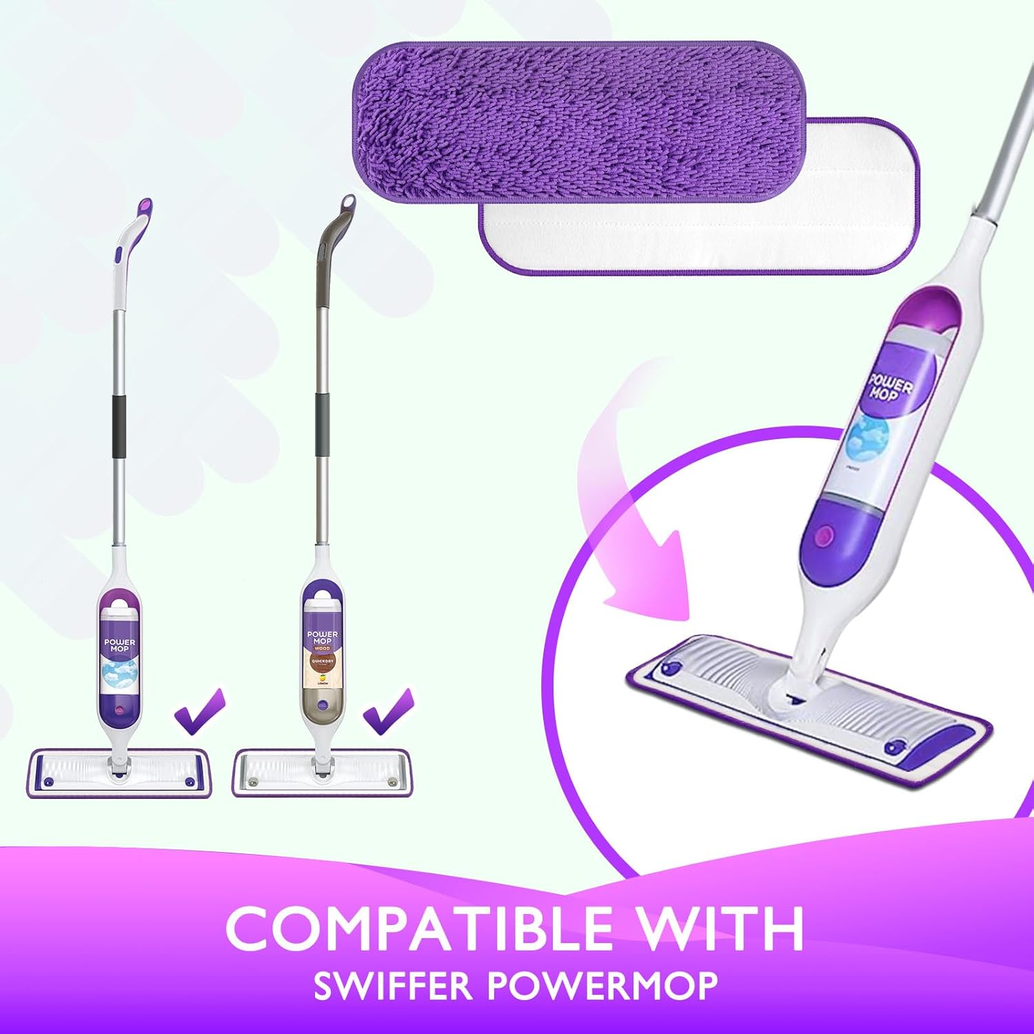 Reusable Power Mop Refill Pads for Swiffer Power Mop Starter Kit - Swifter Powermop Pads Refills - Multi-Surface & Wood Mopping Pad Refil for Floor Cleaning - Washable Microfiber Pad, 3 Pack - Image 2