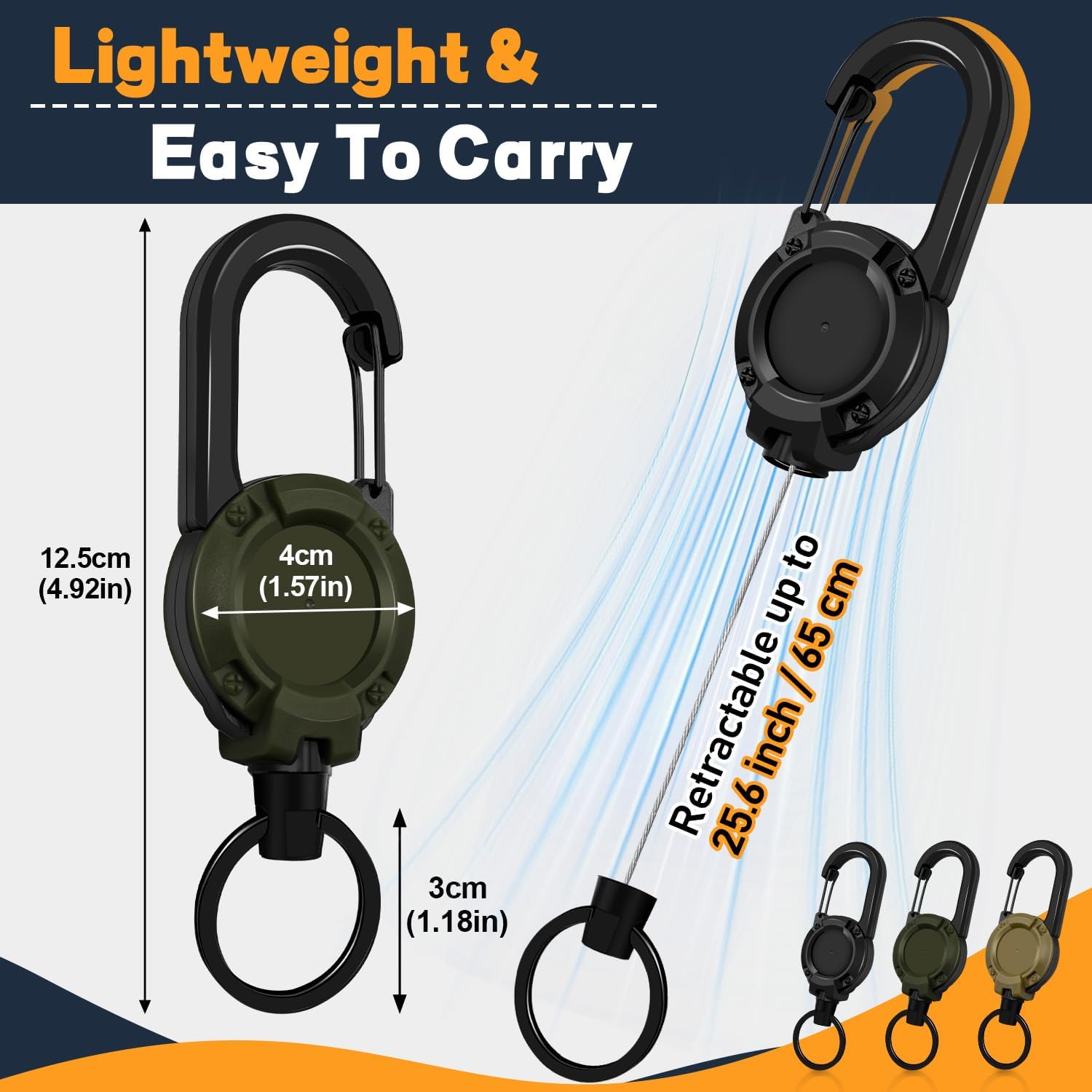 Retractable Keychain 3 Pack, Heavy Duty ID Badge Holder Reel, Multitool Carabine Key Holder for Keychain, Badge Holder with 25.6