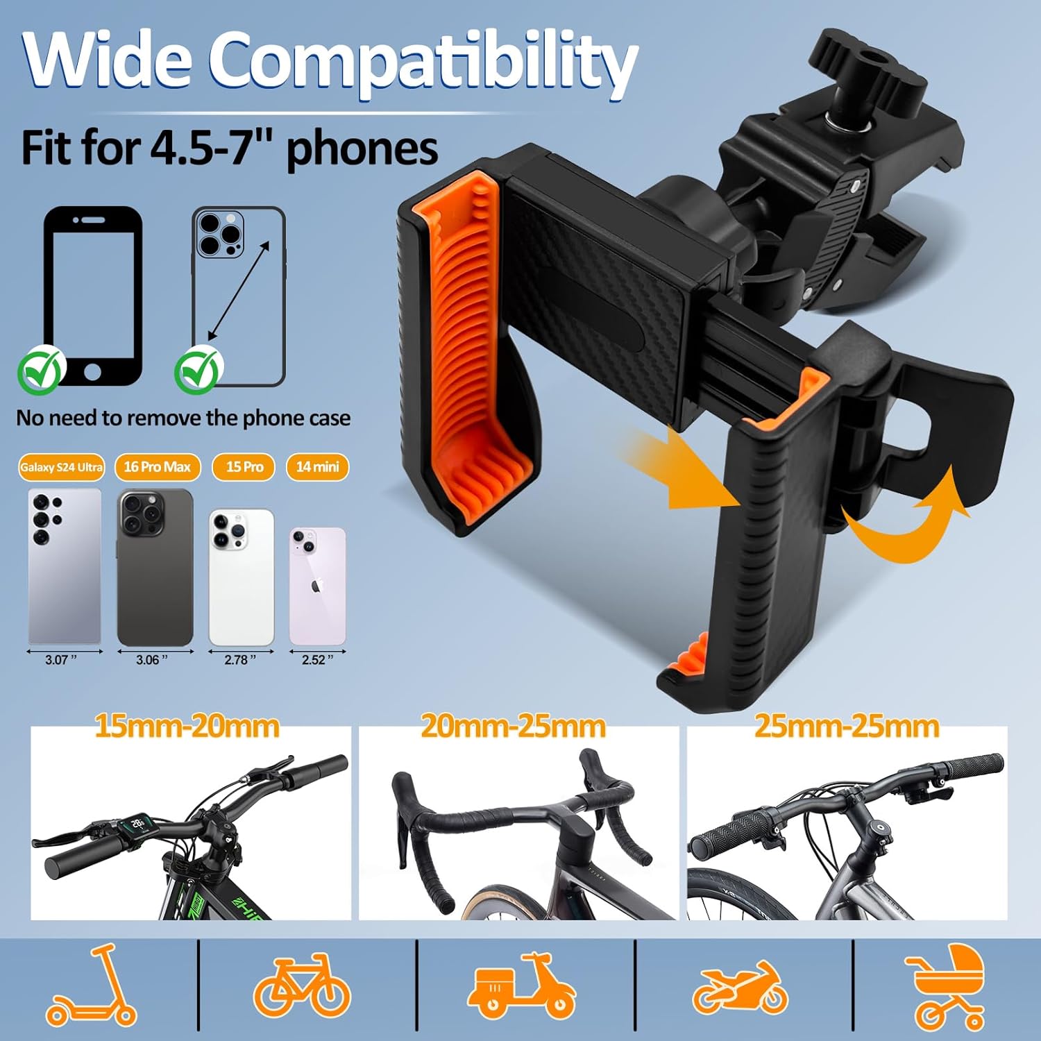 Bike Phone Holder Motorcycle Phone Mount, Handlebar Cell Phone Clamp, Phone Mount for Bike Motorcycle Scooter Golf Cart, Handlebar Phone Mount for 4.5-7