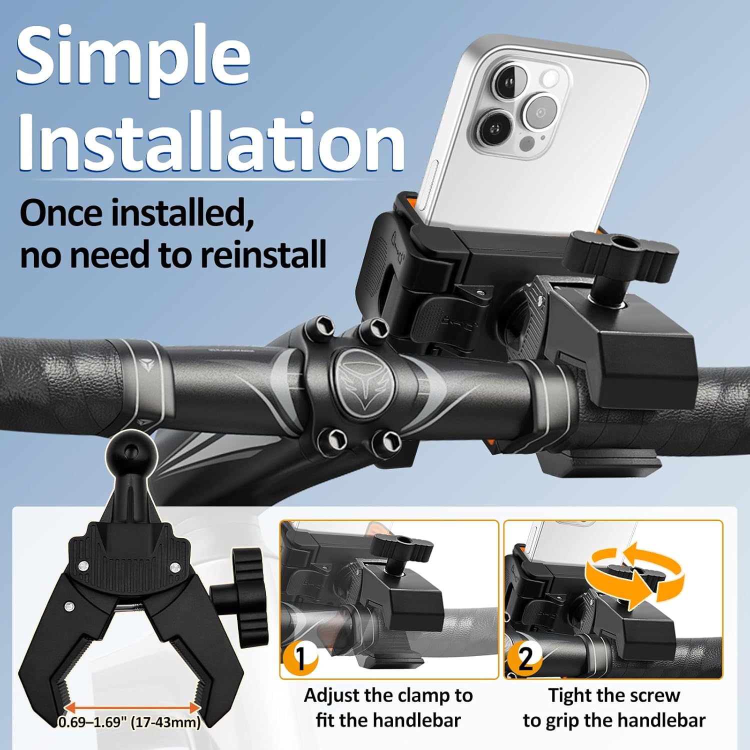 Bike Phone Holder Motorcycle Phone Mount, Handlebar Cell Phone Clamp, Phone Mount for Bike Motorcycle Scooter Golf Cart, Handlebar Phone Mount for 4.5-7